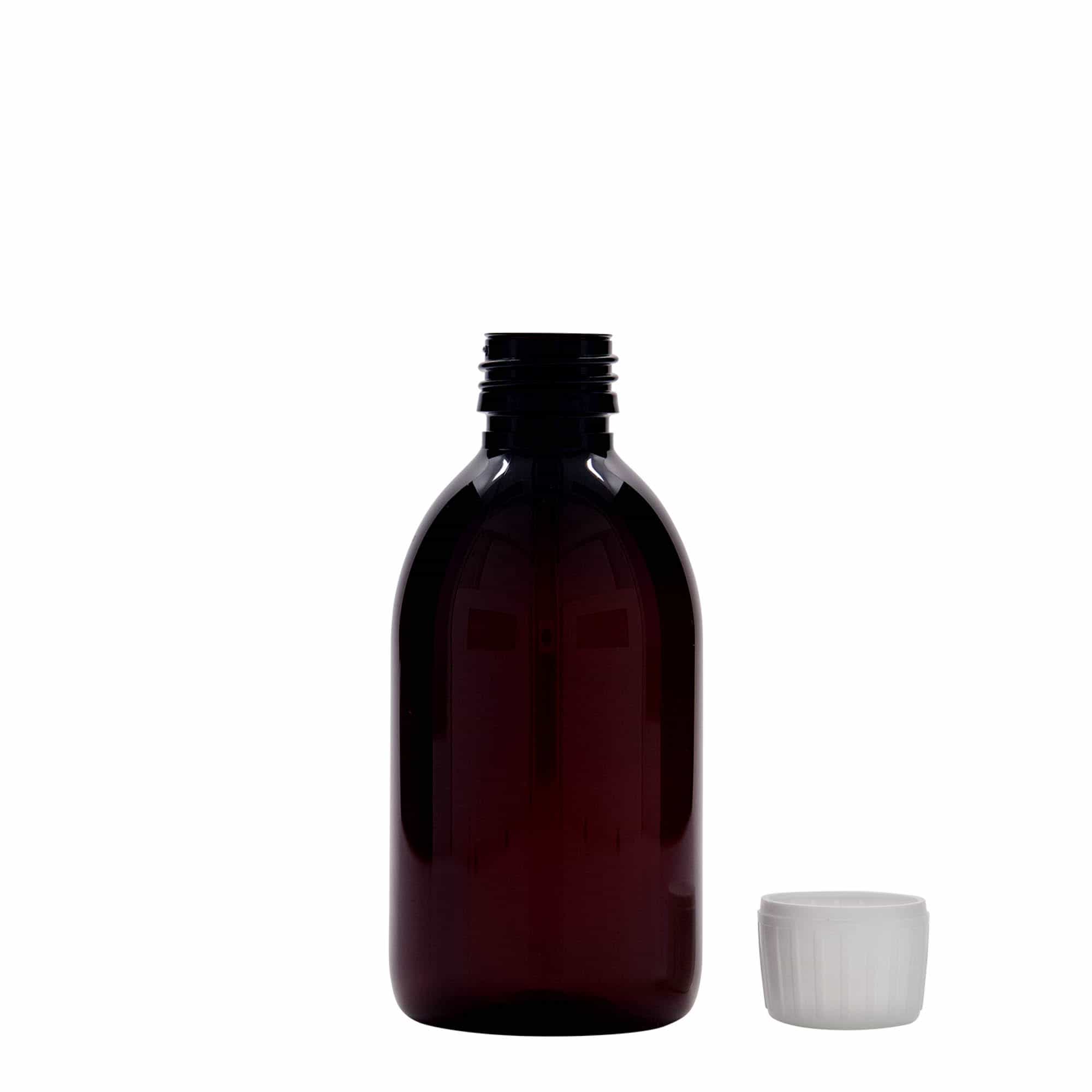 250 ml Frasco de medicamentos PET, castanho, plástico, boca: PP 28
