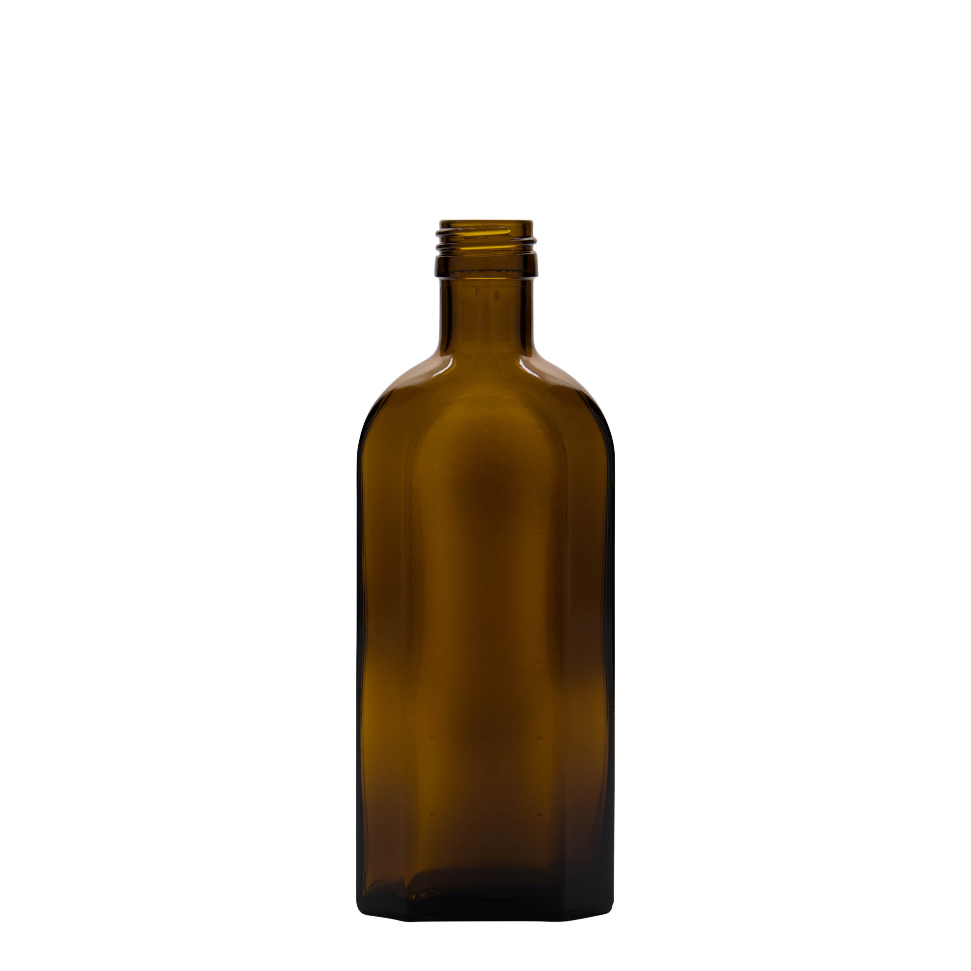 Frasco medicinal de 250 ml Meplat, oval, vidro, castanho, abertura: PP 28 Frasco medicinal de 250 ml Meplat, oval, vidro, castanho, abertura: PP 28