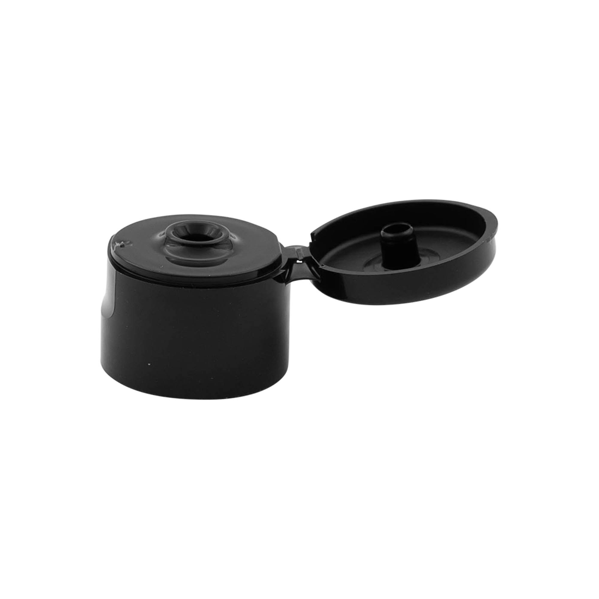 Tampa de rosca com dobradiça articulada, plástico PP, preto, para boca: 24/410 Tampa de rosca com dobradiça articulada, plástico PP, preto, para boca: 24/410