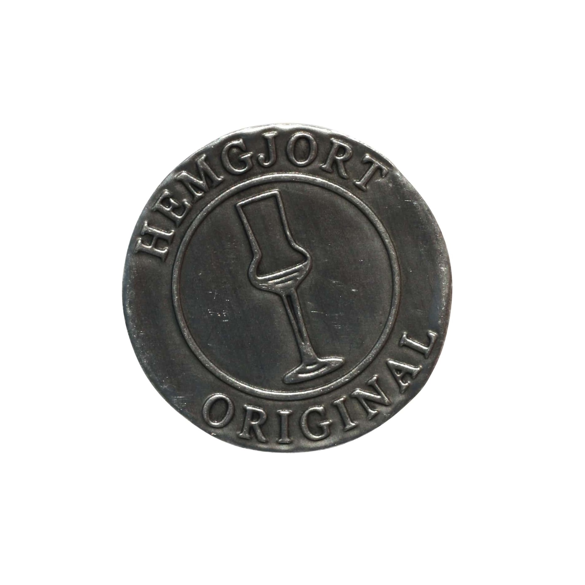 Etiqueta de estanho 'Hemgjort Original', redonda, metal, prateado