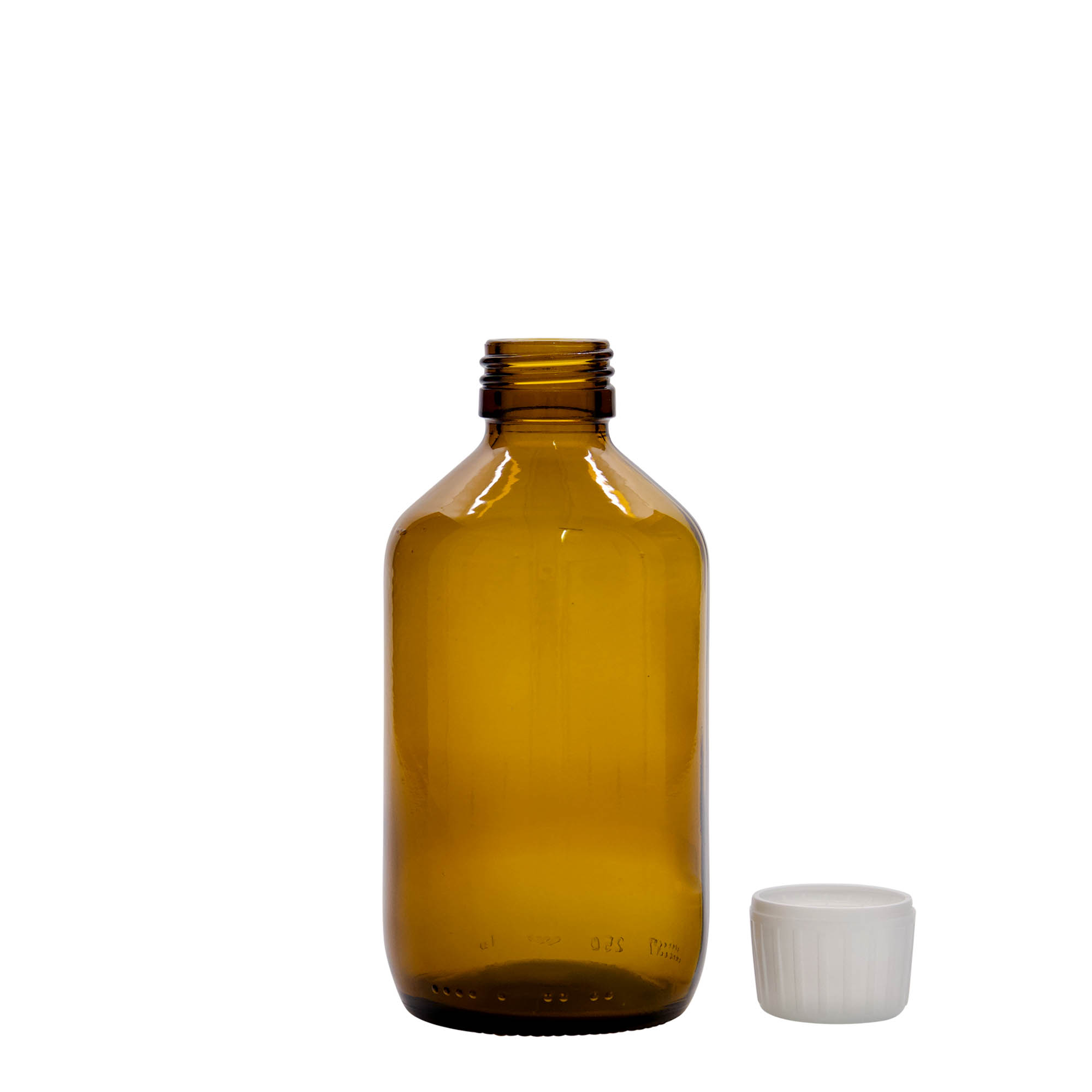 Frasco médico de 250 ml, castanho, vidro, boca: PP 28 Frasco médico de 250 ml, castanho, vidro, boca: PP 28