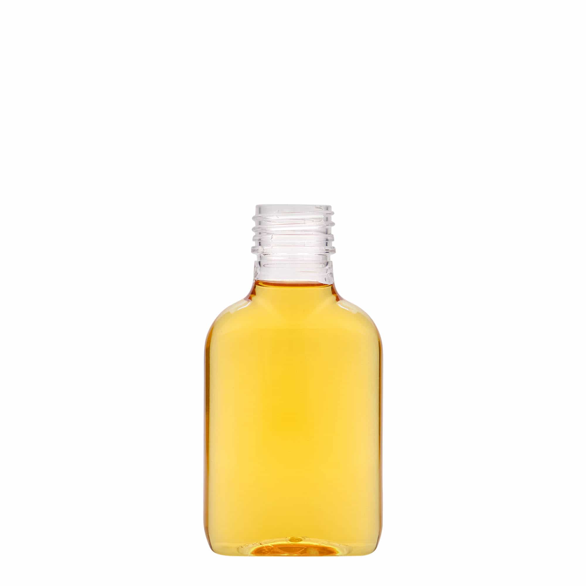 100 ml Garrafa de bolso, oval, plástico PET, boca: PP 28