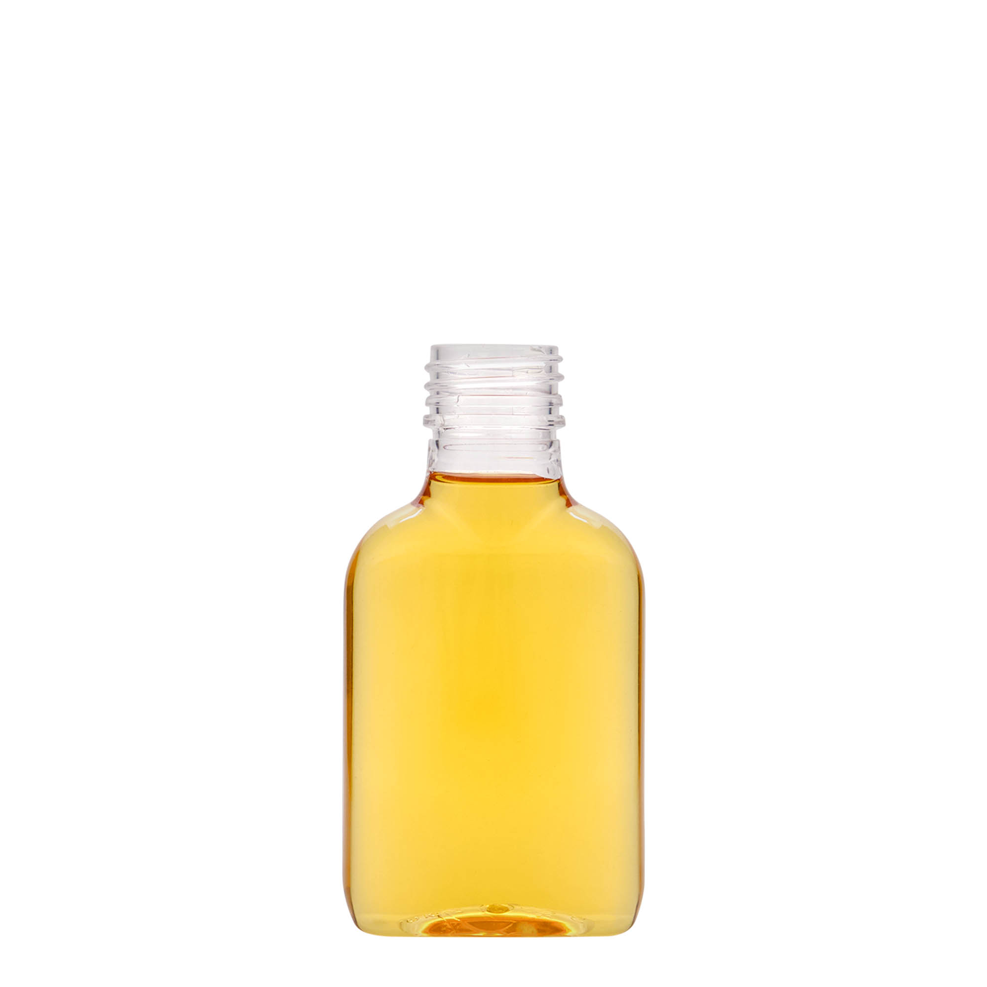 Frasco de bolso de 100 ml, oval, plástico PET, bocal: PP 28 Frasco de bolso de 100 ml, oval, plástico PET, bocal: PP 28