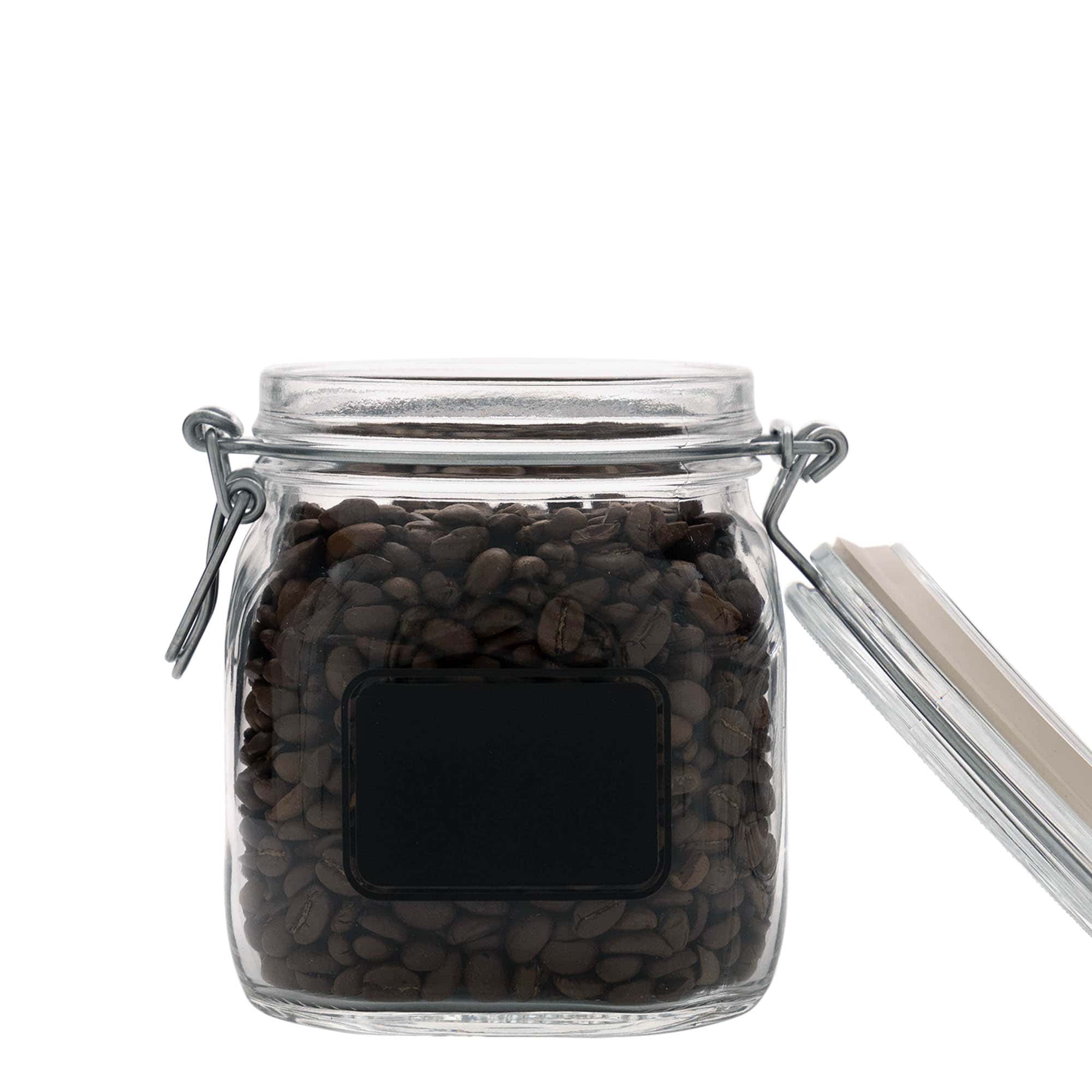 Frasco de vidro com tampa de arame de 750 ml 'Fido', motivo: campo para etiquetas, quadrado, abertura: fecho de arame Frasco de vidro com tampa de arame de 750 ml 'Fido', motivo: campo para etiquetas, quadrado, abertura: fecho de arame