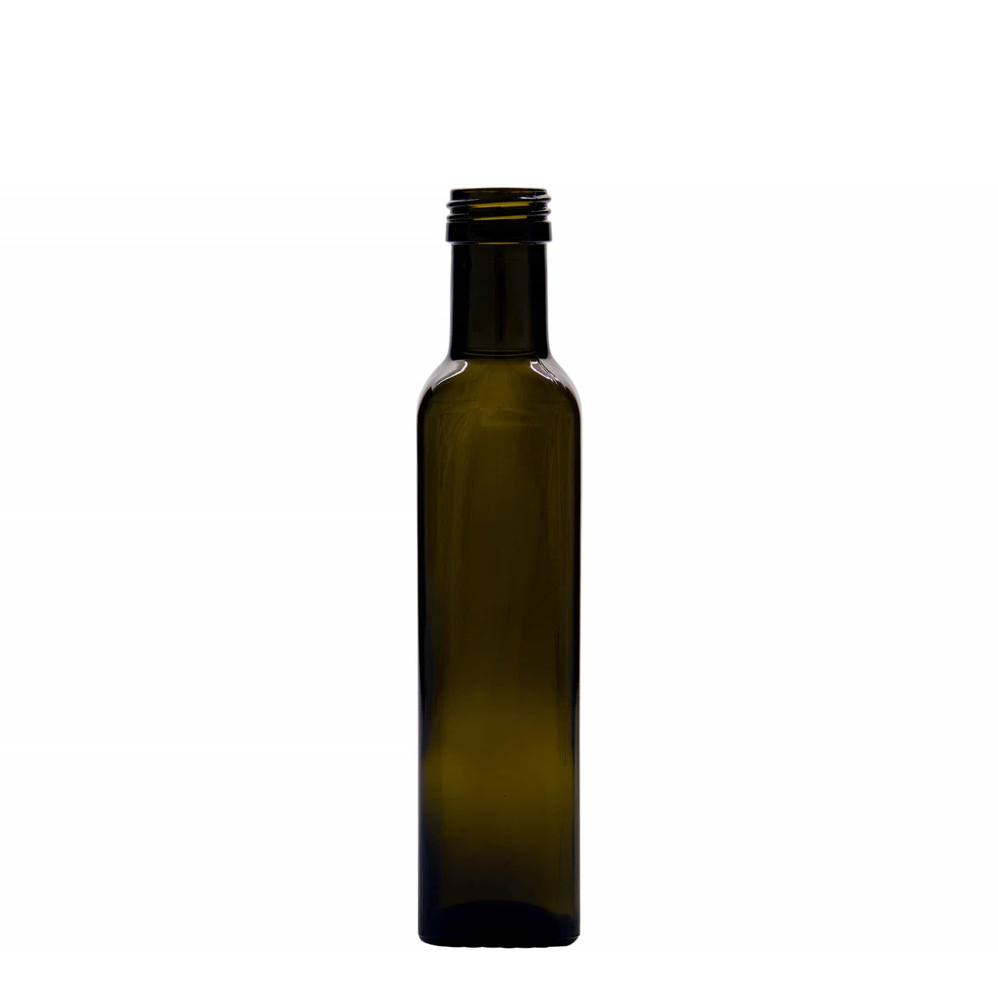 Garrafa de vidro 250 ml 'Marasca', quadrada, verde antigo, bocal: PP 31,5 Garrafa de vidro 250 ml 'Marasca', quadrada, verde antigo, bocal: PP 31,5