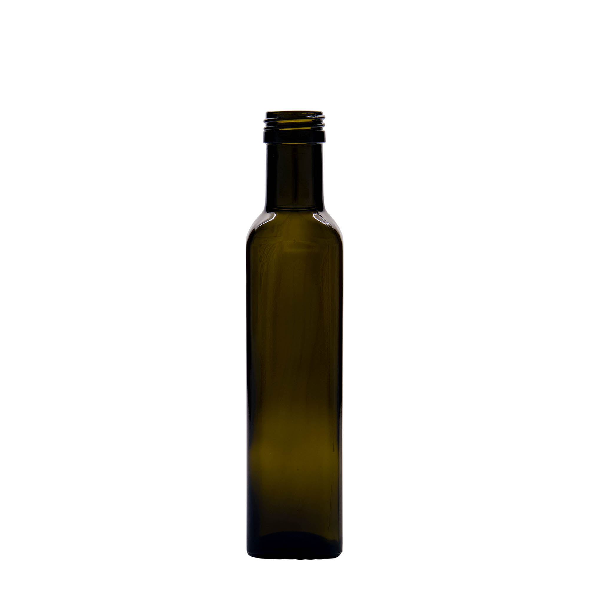 Garrafa de vidro 250 ml 'Marasca', quadrada, verde antigo, bocal: PP 31,5 Garrafa de vidro 250 ml 'Marasca', quadrada, verde antigo, bocal: PP 31,5