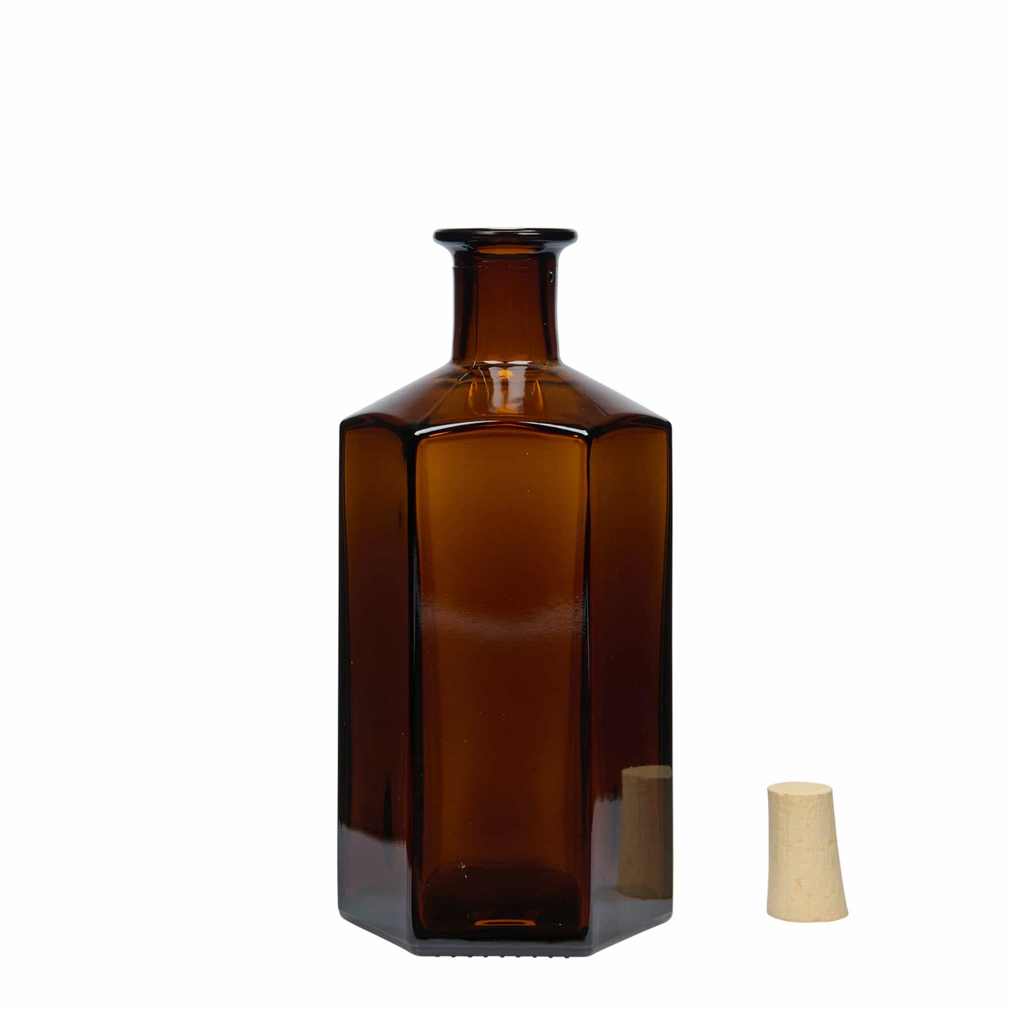 500 ml Garrafa de vidro farmacêutica 'Jimmy'. hexagonal. castanho. boca: Cortiça