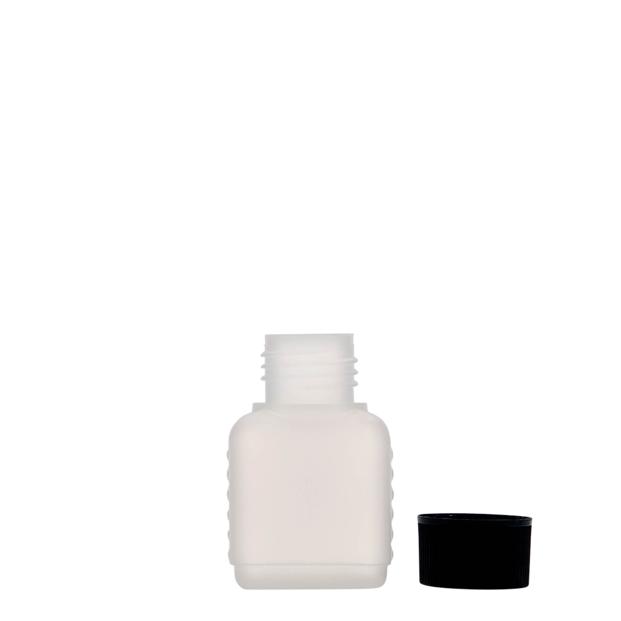 Frasco de 50 ml em bidão, retangular, plástico HDPE, natural, boca: DIN 25 Frasco de 50 ml em bidão, retangular, plástico HDPE, natural, boca: DIN 25