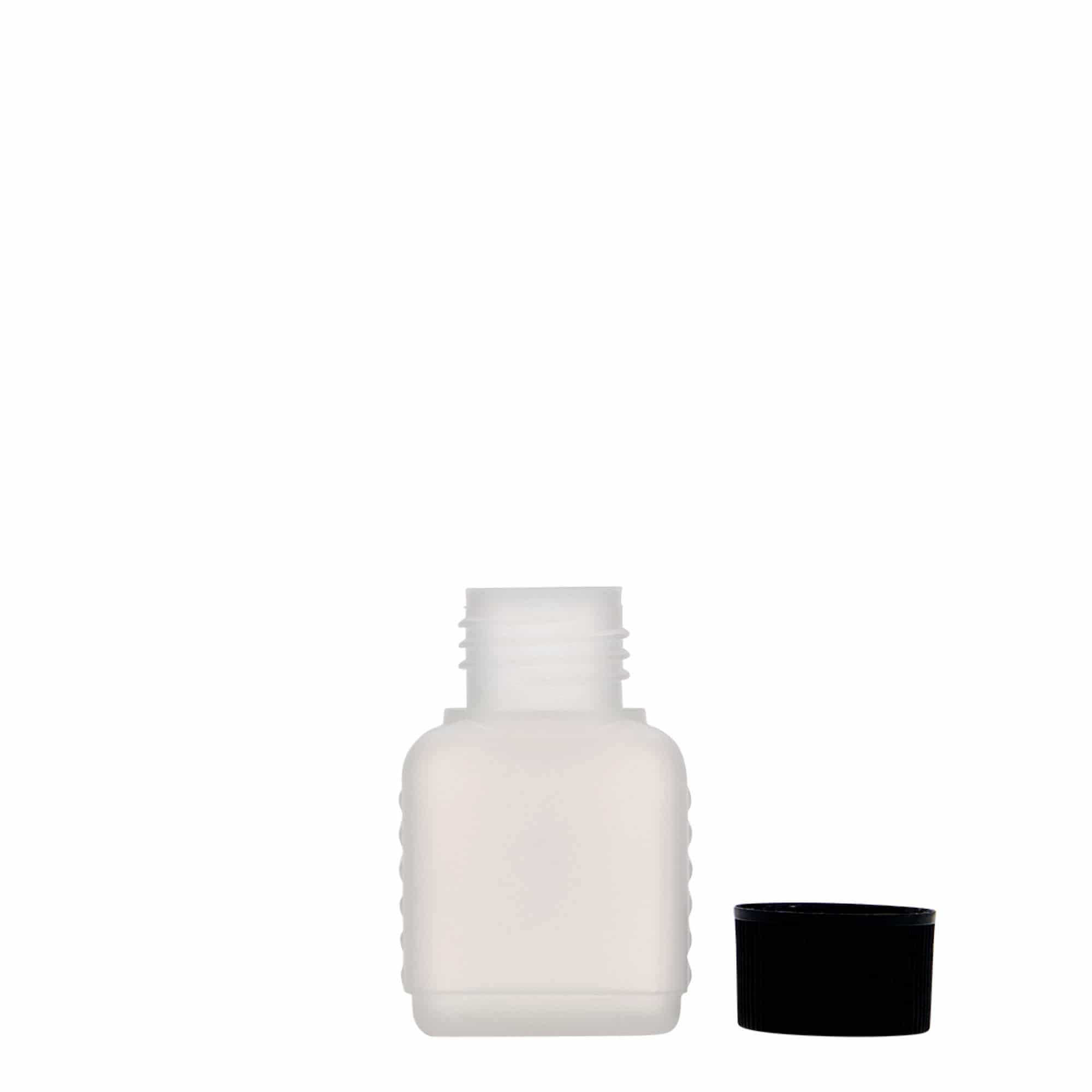 Frasco de 50 ml em bidão, retangular, plástico HDPE, natural, boca: DIN 25