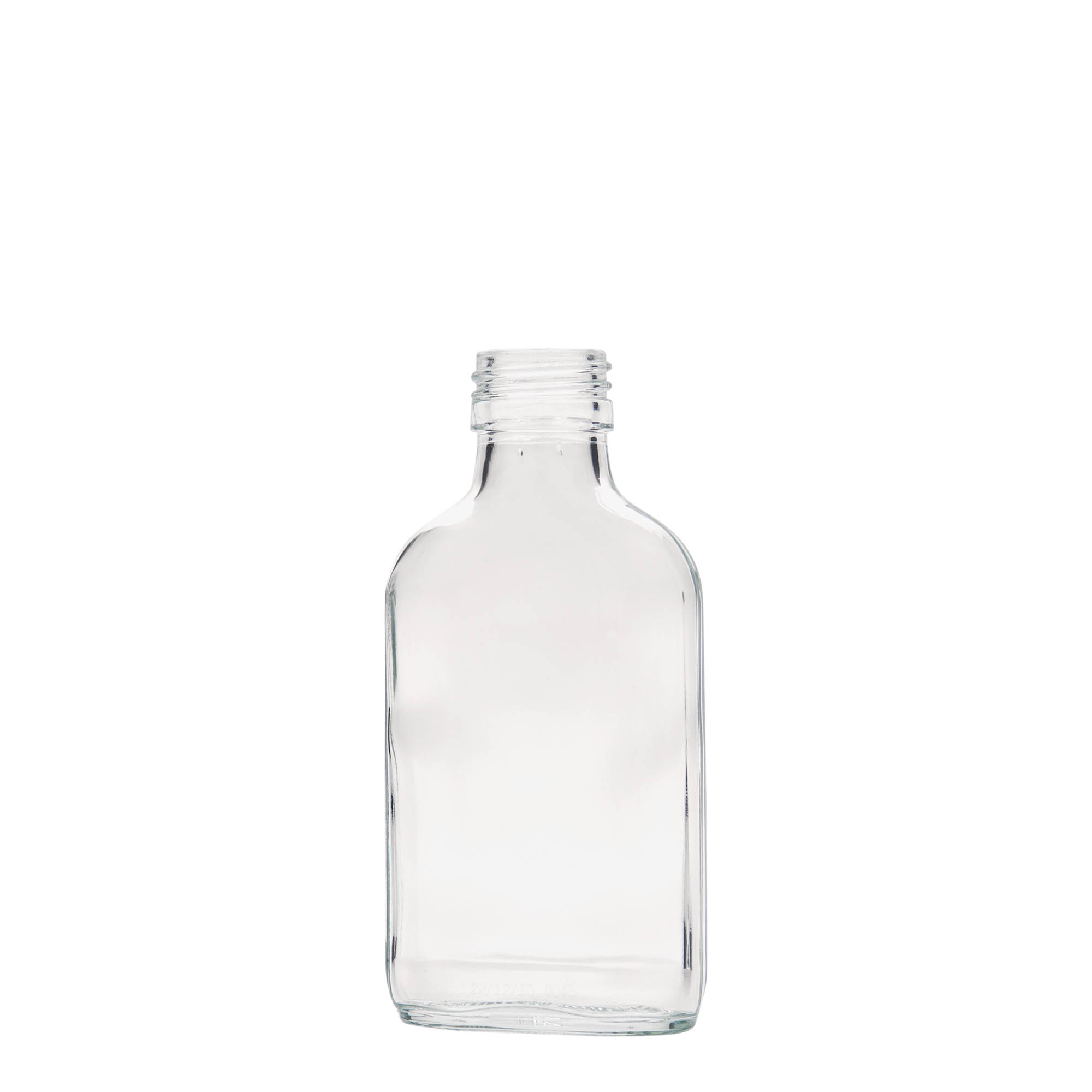 Frasco de bolso de 100 ml, retangular, vidro, boca: PP 28 Frasco de bolso de 100 ml, retangular, vidro, boca: PP 28