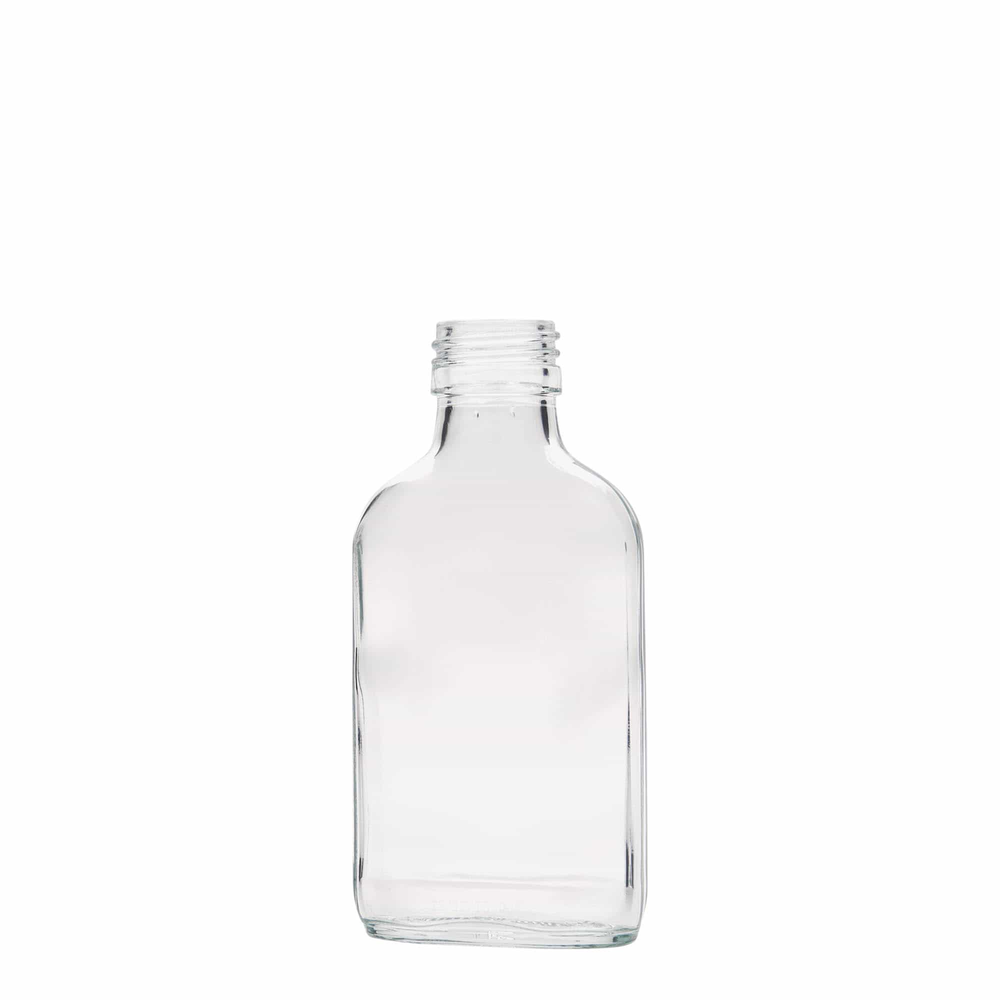 Frasco de bolso de 100 ml, retangular, vidro, boca: PP 28 Frasco de bolso de 100 ml, retangular, vidro, boca: PP 28