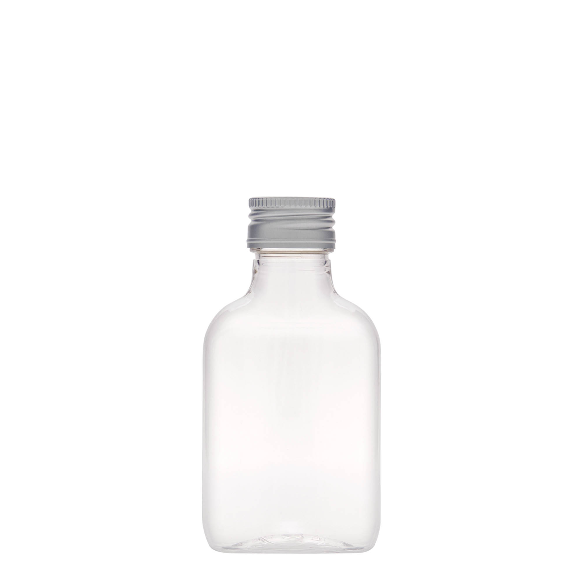 Frasco de bolso de 100 ml, oval, plástico PET, bocal: PP 28 Frasco de bolso de 100 ml, oval, plástico PET, bocal: PP 28