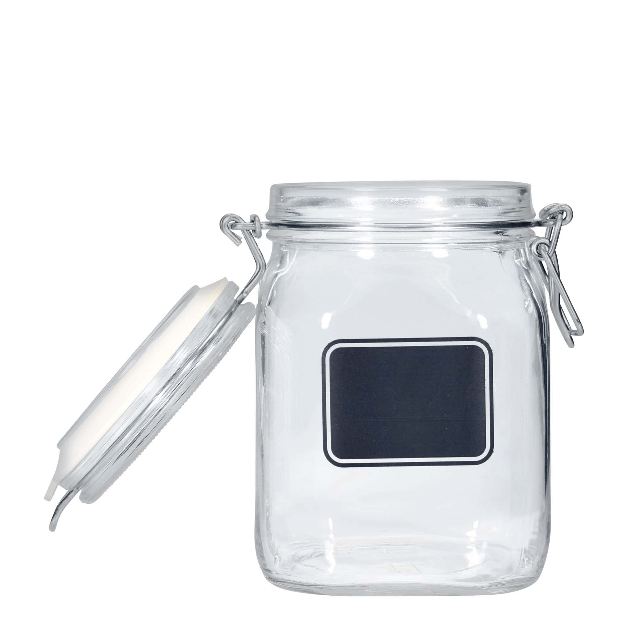 1.000 ml Frasco de vidro com fecho de arame 'Fido', motivo: campo para etiqueta, quadrado, boca: fecho de arame 1.000 ml Frasco de vidro com fecho de arame 'Fido', motivo: campo para etiqueta, quadrado, boca: fecho de arame