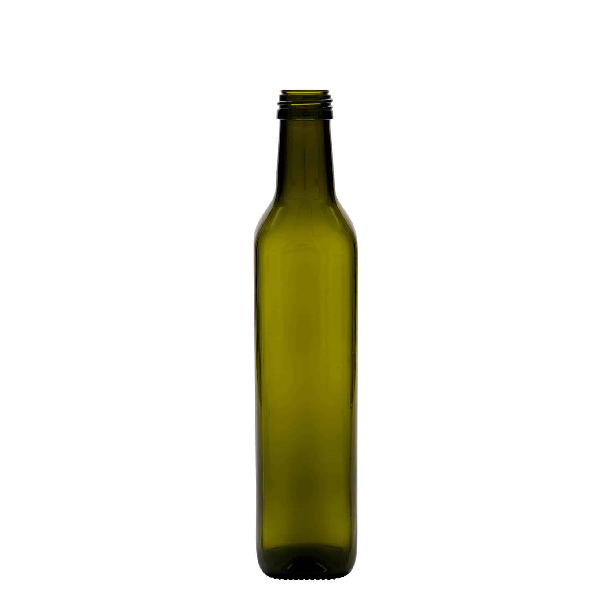 500 ml Garrafa de vidro 'Marasca', quadrada, verde antigo, boca: PP 31,5 500 ml Garrafa de vidro 'Marasca', quadrada, verde antigo, boca: PP 31,5