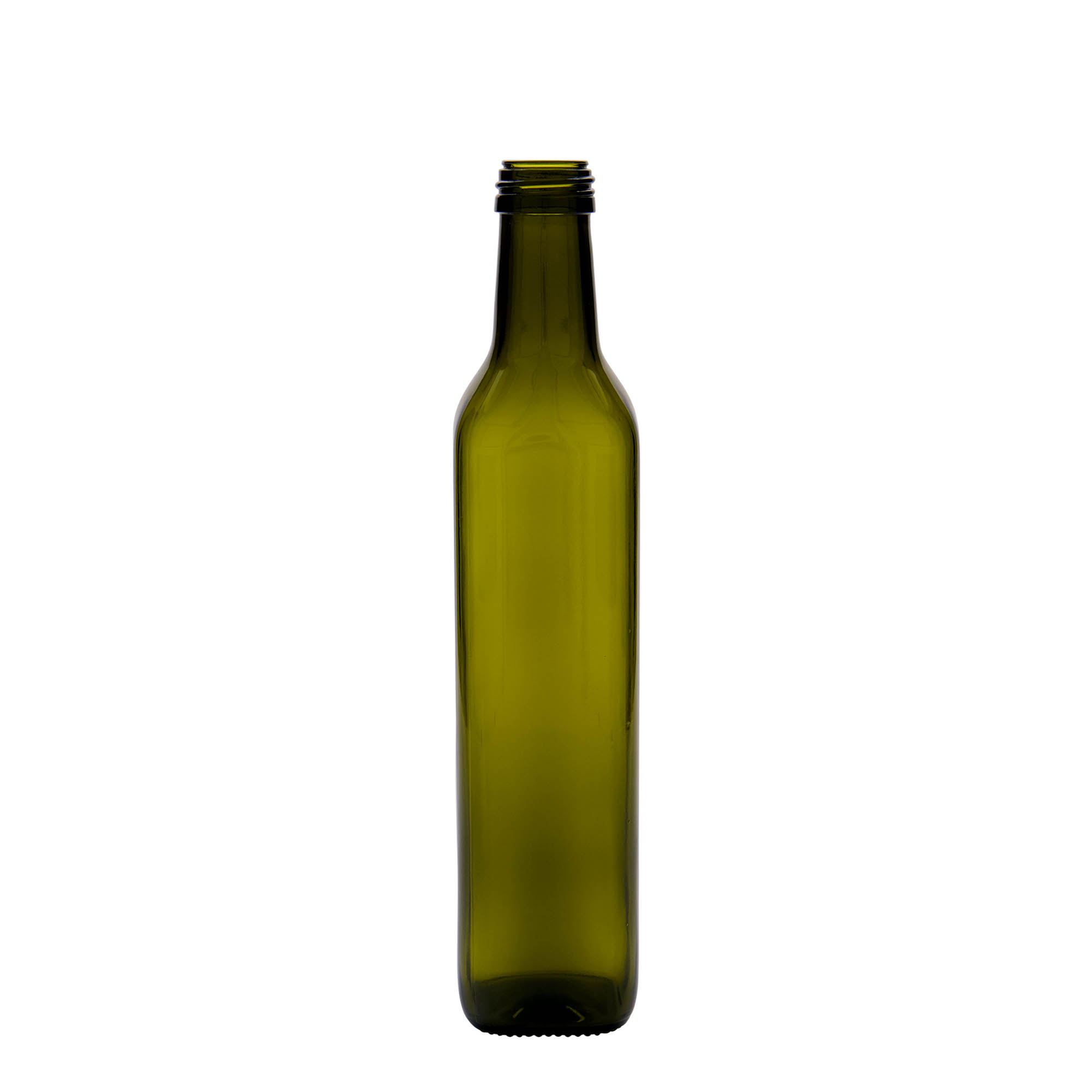 Garrafa de vidro 500 ml 'Marasca', quadrada, verde antigo, bocal: PP 31,5 Garrafa de vidro 500 ml 'Marasca', quadrada, verde antigo, bocal: PP 31,5