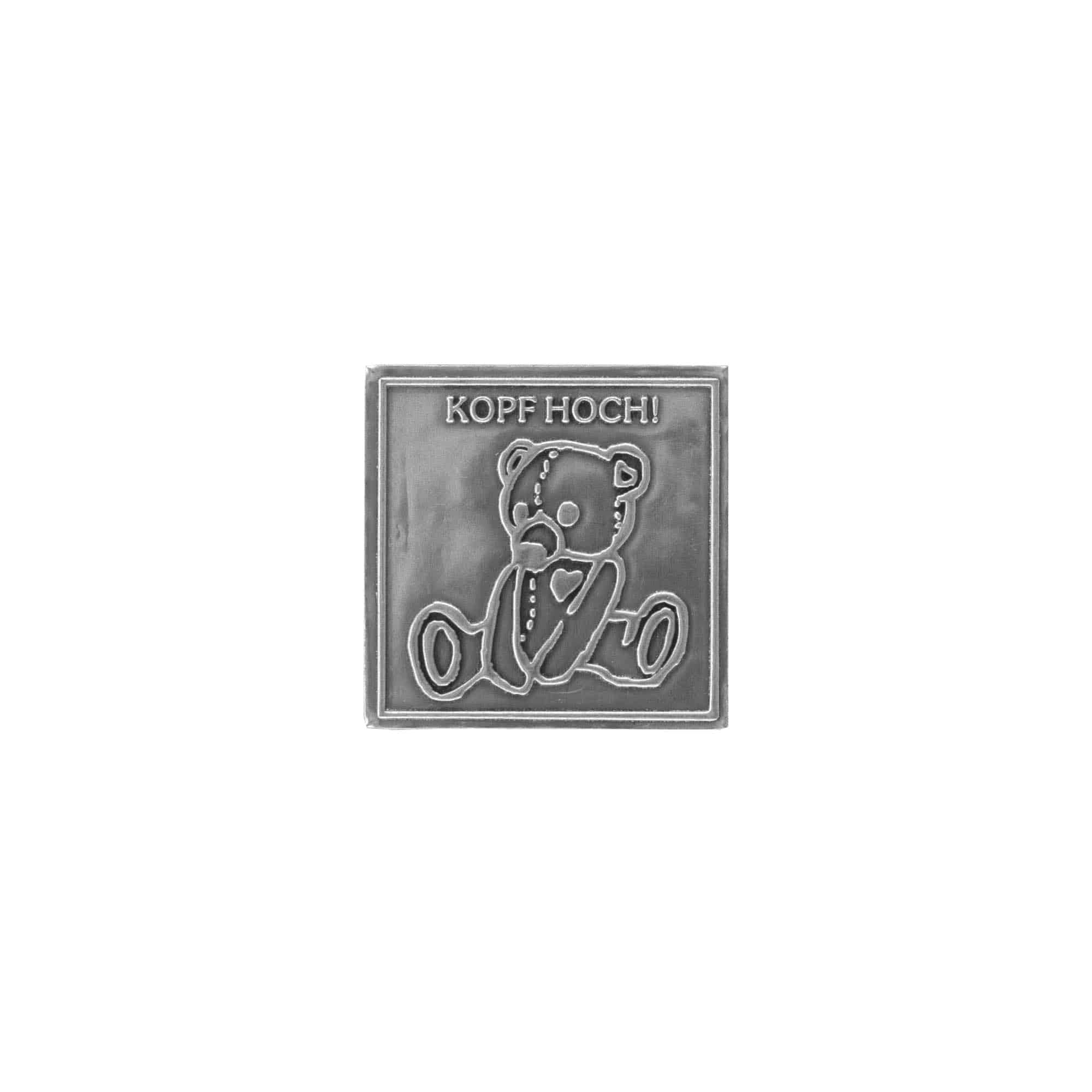 Etiqueta de estanho 'Cabeça erguida', quadrada, metal, prateado Etiqueta de estanho 'Cabeça erguida', quadrada, metal, prateado