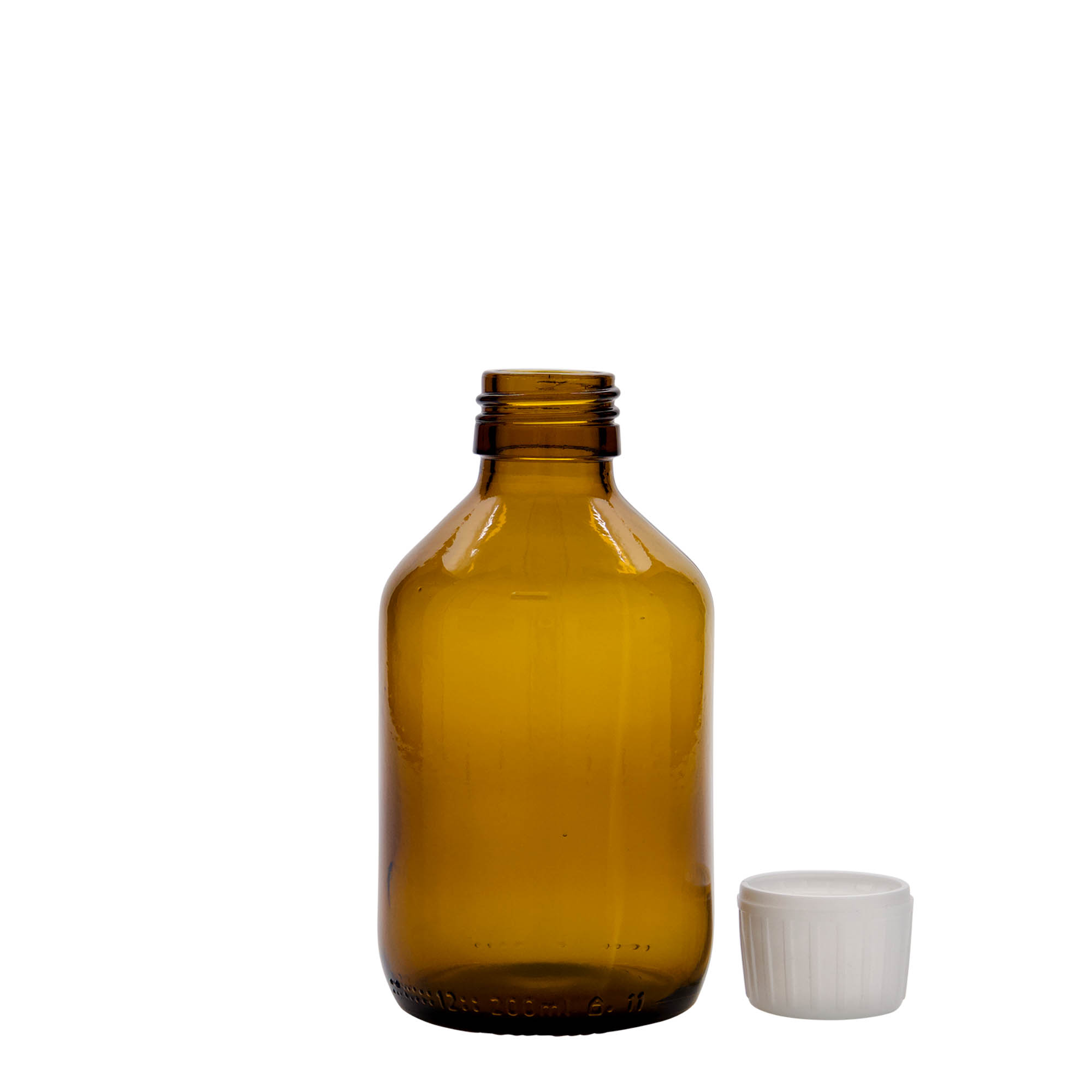 Frasco médico de 200 ml, castanho, vidro, boca: PP 28 Frasco médico de 200 ml, castanho, vidro, boca: PP 28