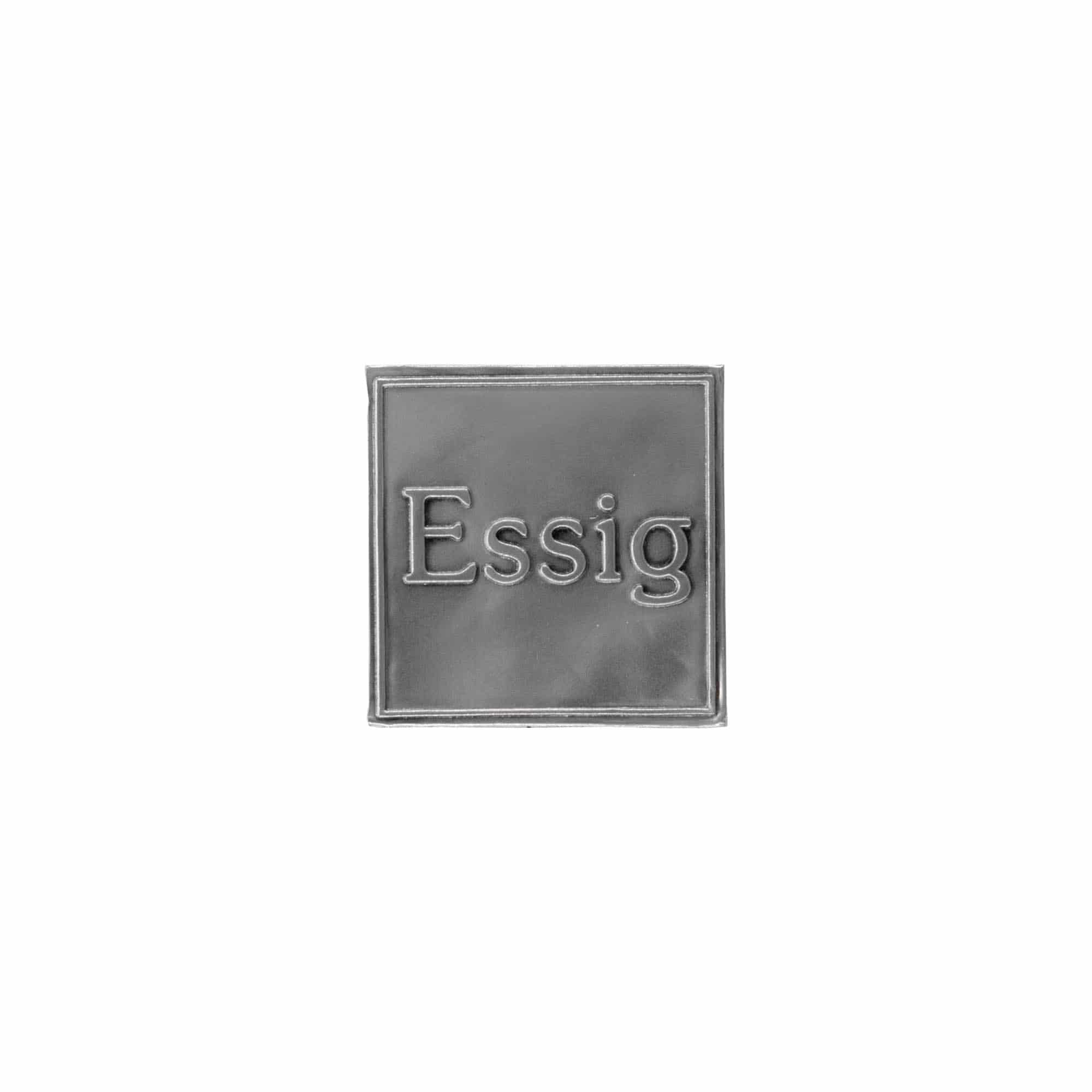 Etiqueta de estanho 'Vinagre', quadrada, metal, prateada