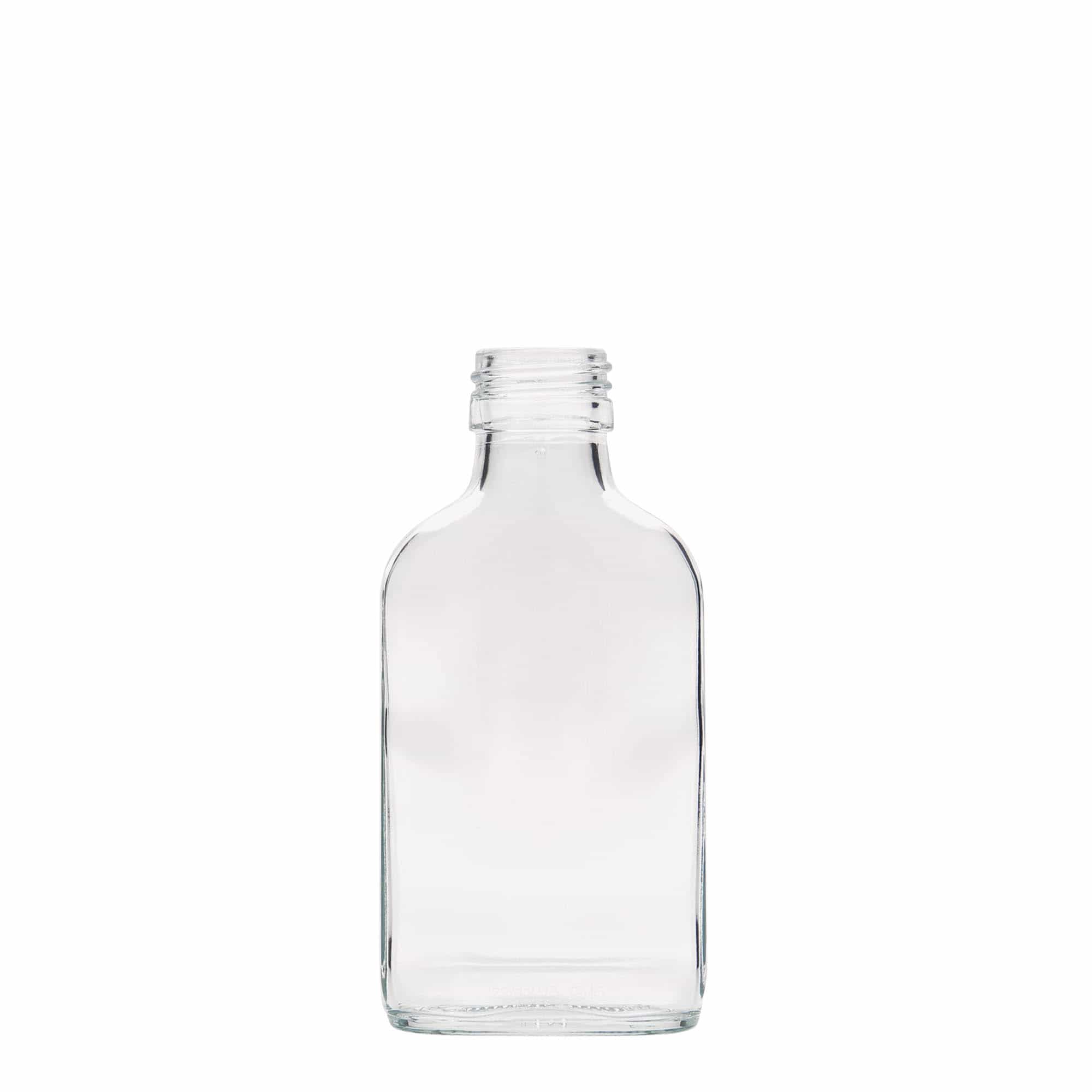 100 ml Garrafa de bolso, retangular, vidro, boca: PP 28 100 ml Garrafa de bolso, retangular, vidro, boca: PP 28