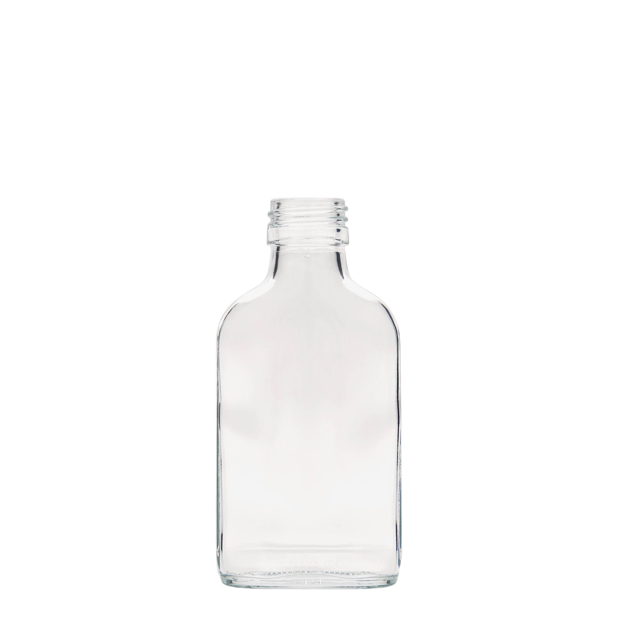 Frasco de bolso de 100 ml, retangular, vidro, boca: PP 28 Frasco de bolso de 100 ml, retangular, vidro, boca: PP 28