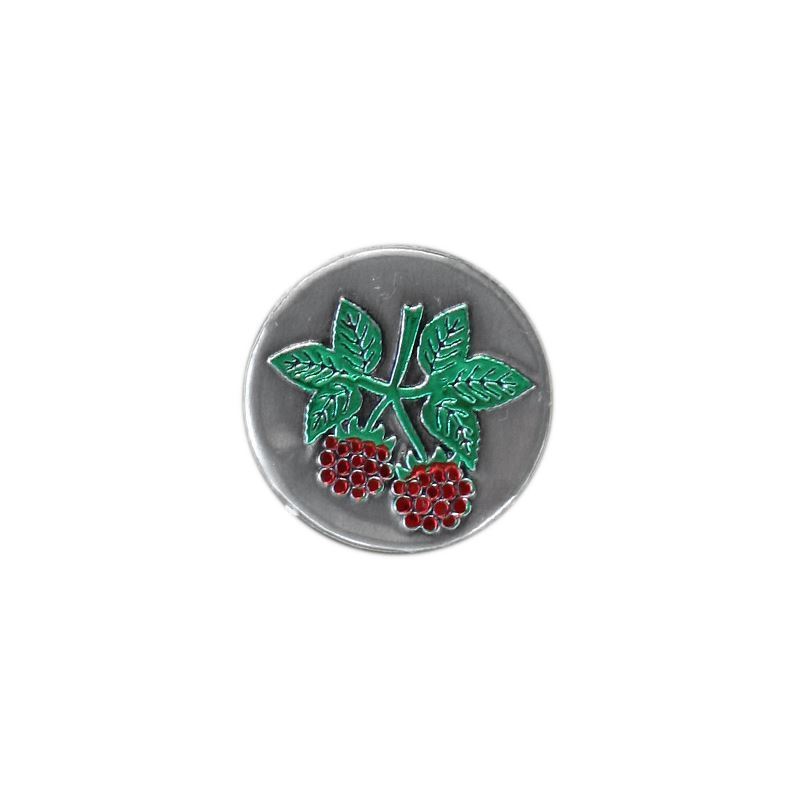 Etiqueta de estanho 'Framboesa', redonda, metal, prata Etiqueta de estanho 'Framboesa', redonda, metal, prata