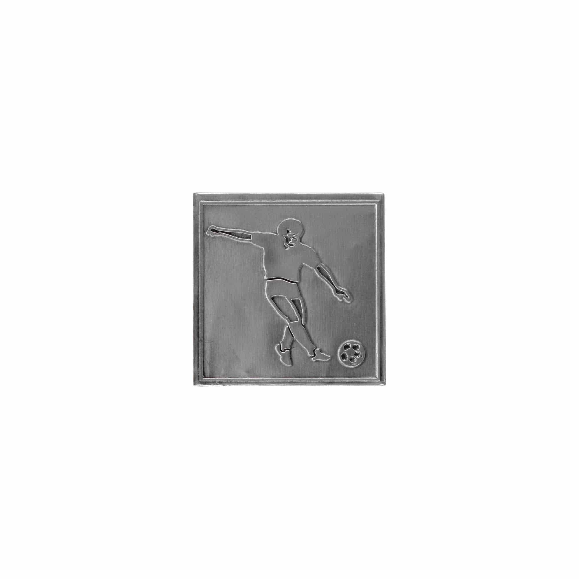 Etiqueta de estanho 'Futebol', quadrada, metal, prata
