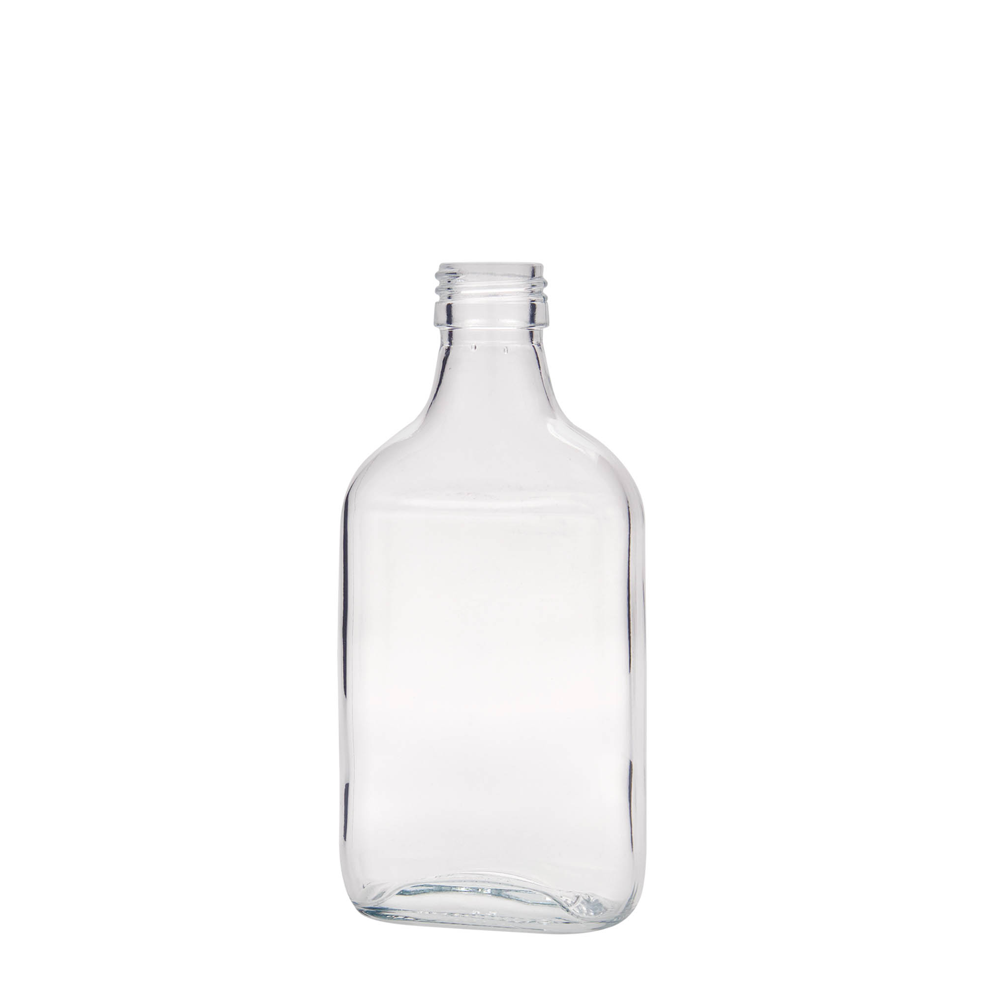Frasco de bolso de 200 ml, retangular, vidro, boca: PP 28 Frasco de bolso de 200 ml, retangular, vidro, boca: PP 28