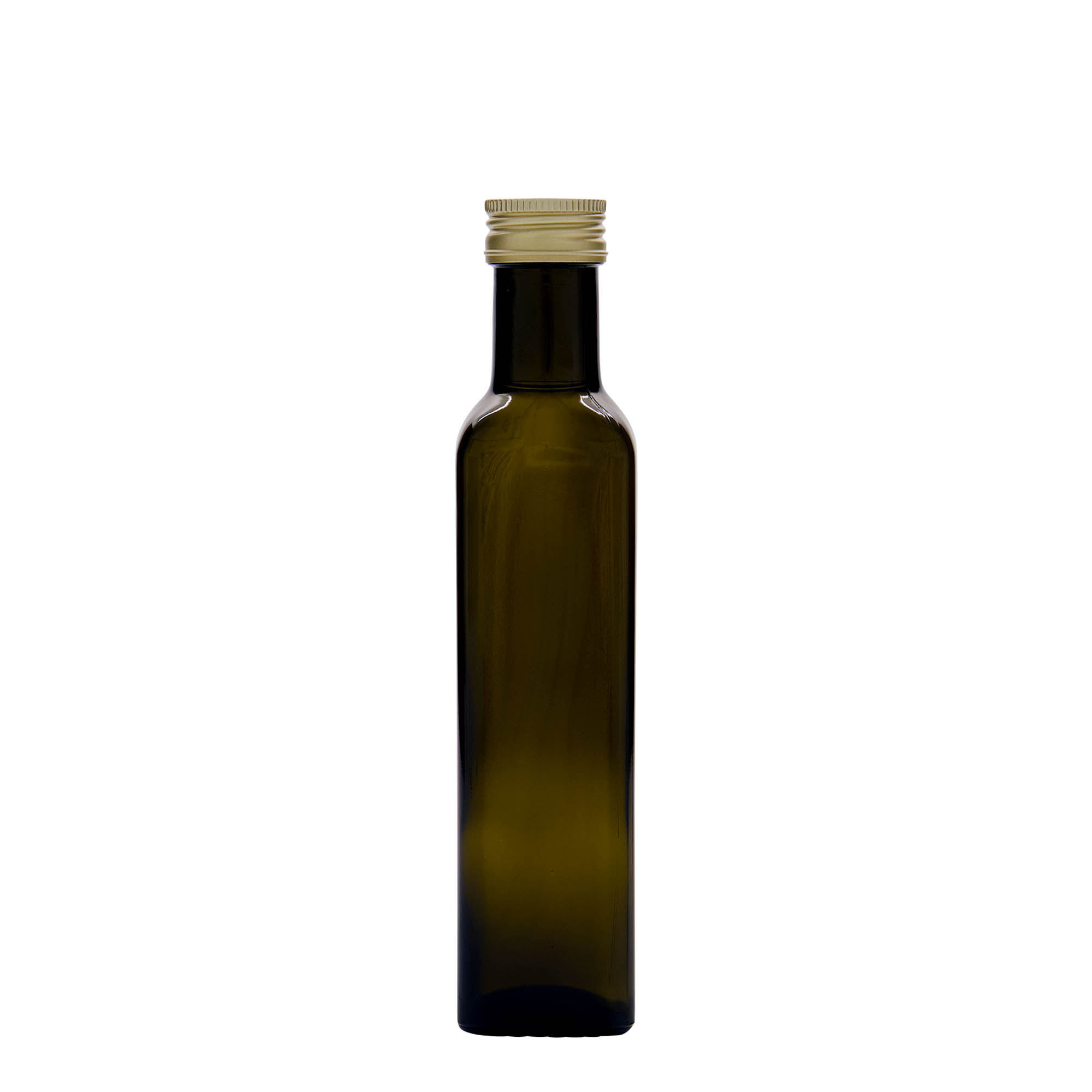 Garrafa de vidro 250 ml 'Marasca', quadrada, verde antigo, bocal: PP 31,5 Garrafa de vidro 250 ml 'Marasca', quadrada, verde antigo, bocal: PP 31,5