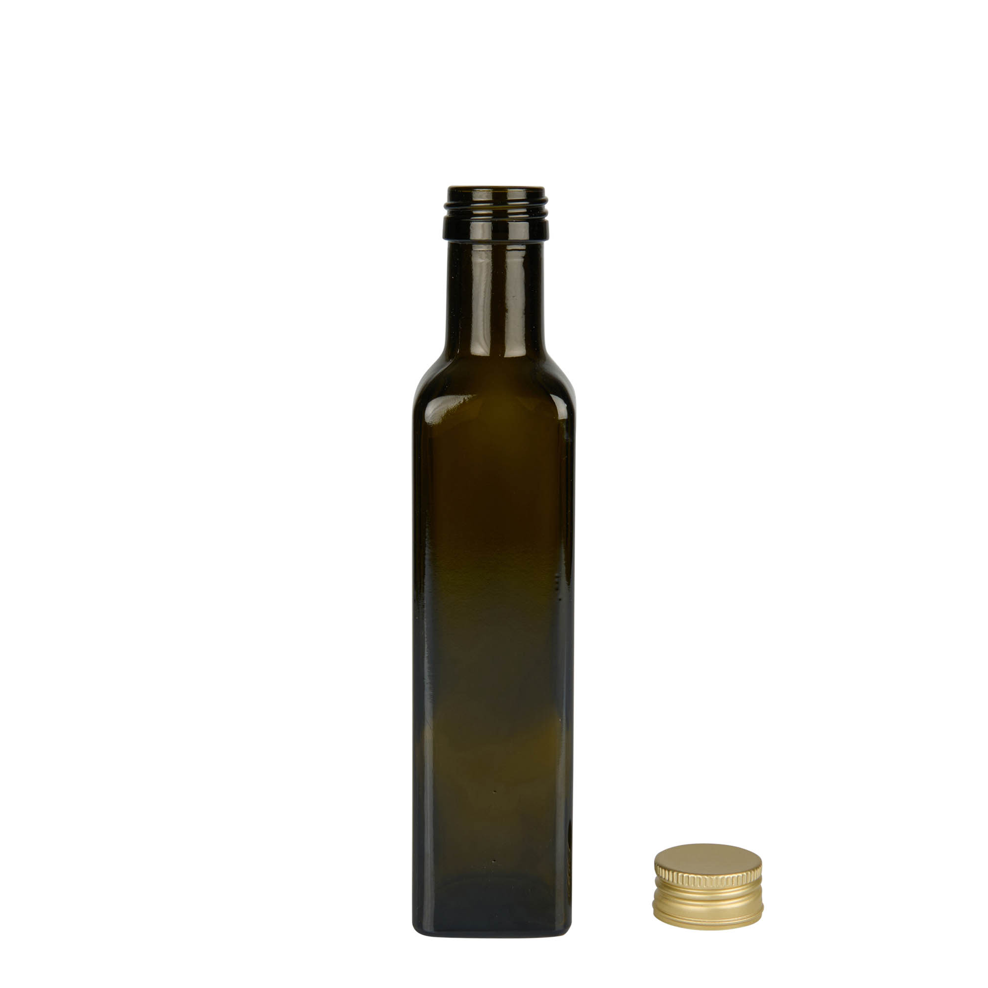Garrafa de vidro 250 ml 'Marasca', quadrada, verde antigo, bocal: PP 31,5 Garrafa de vidro 250 ml 'Marasca', quadrada, verde antigo, bocal: PP 31,5