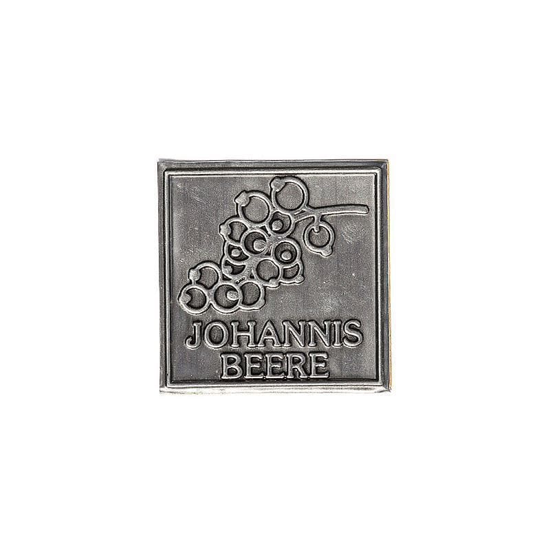 Etiqueta de estanho 'Groselha', quadrada, metal, prateada Etiqueta de estanho 'Groselha', quadrada, metal, prateada