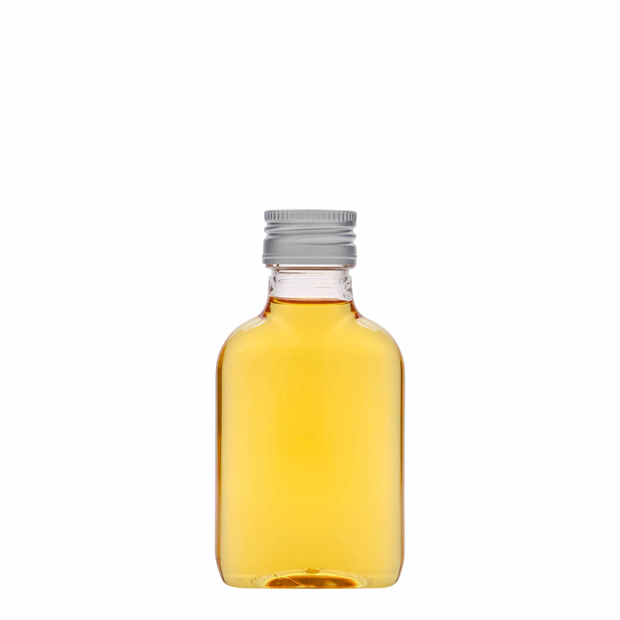 100 ml Garrafa de bolso, oval, plástico PET, boca: PP 28