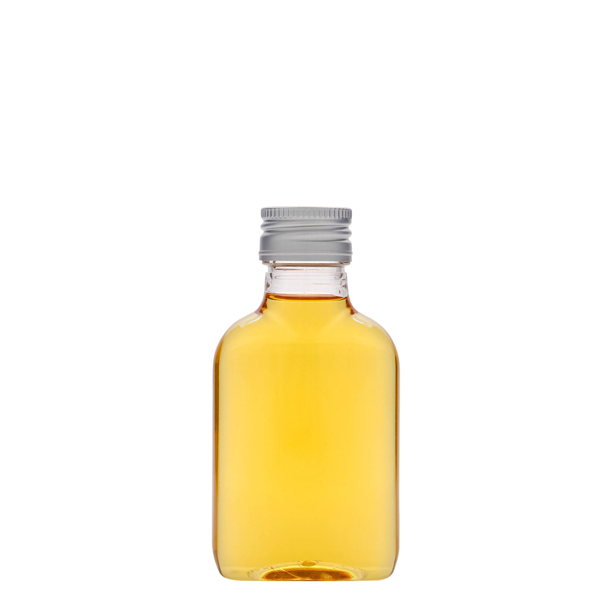 Frasco de bolso de 100 ml, oval, plástico PET, bocal: PP 28 Frasco de bolso de 100 ml, oval, plástico PET, bocal: PP 28