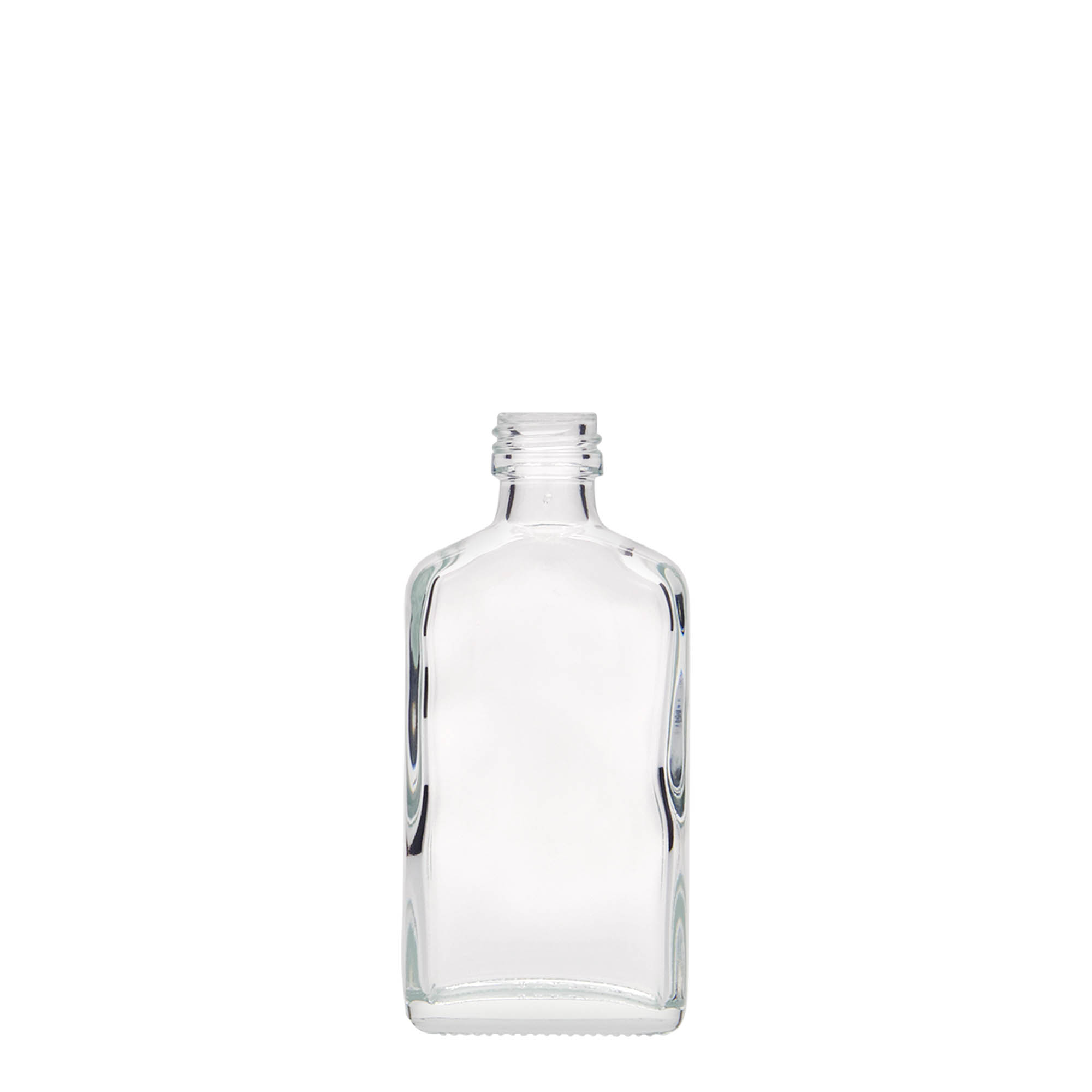 Frasco de bolso de 50 ml, retangular, vidro, bocal: PP 18 Frasco de bolso de 50 ml, retangular, vidro, bocal: PP 18