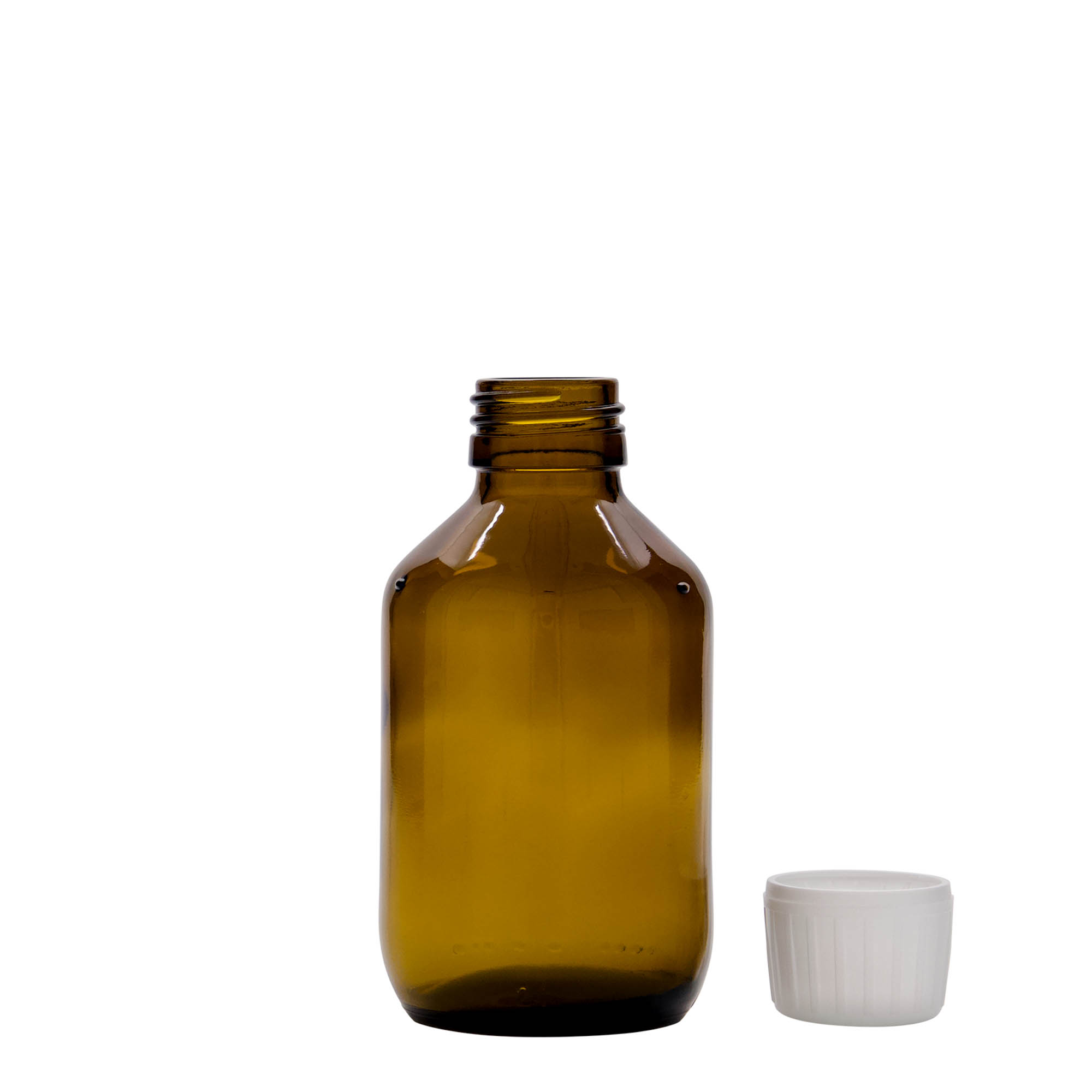 Frasco medicinal de 150 ml, castanho, vidro, boca: PP 28 Frasco medicinal de 150 ml, castanho, vidro, boca: PP 28