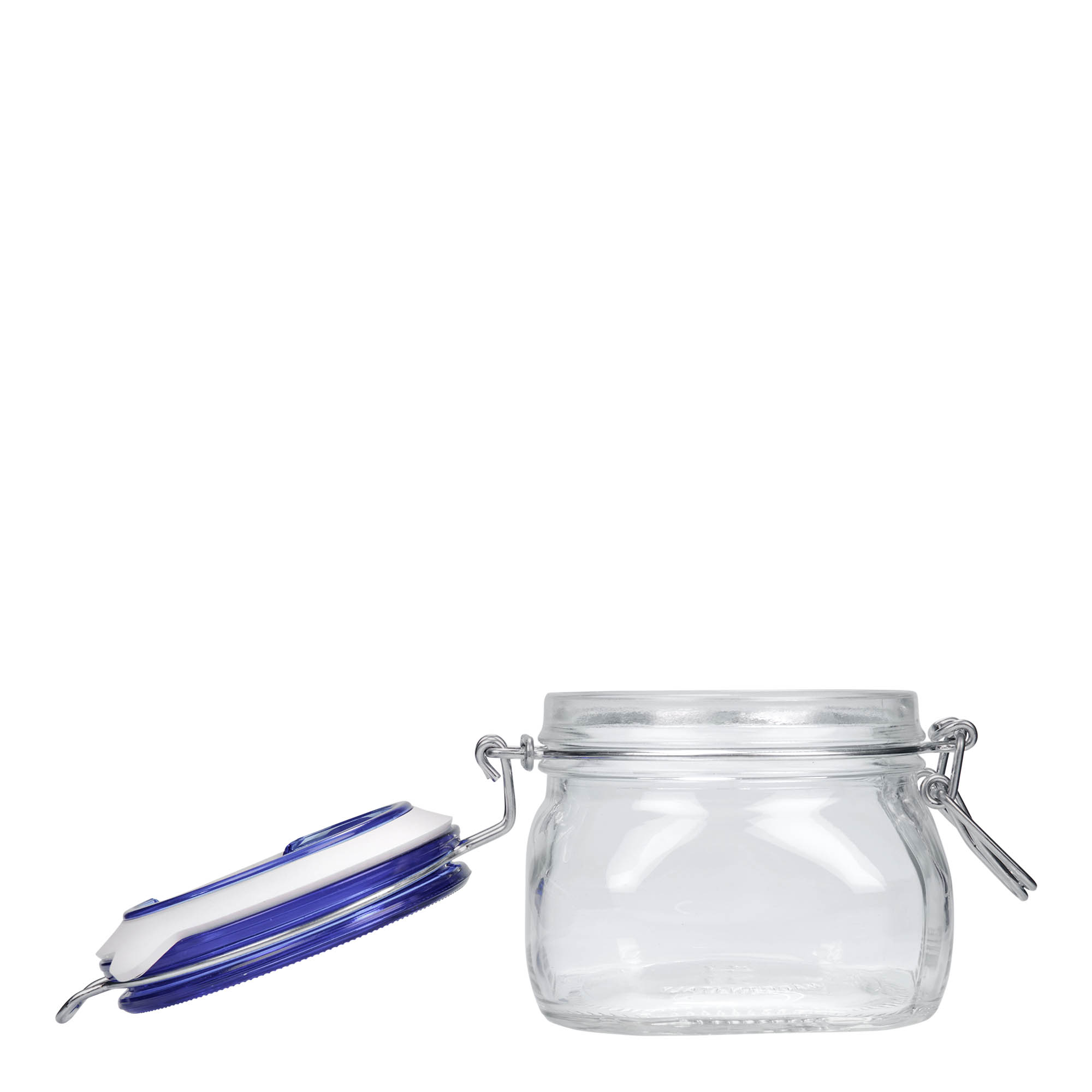 Frasco de vidro com fecho de arame 'Fido' 500 ml, tampa azul, quadrado, boca: fecho de arame Frasco de vidro com fecho de arame 'Fido' 500 ml, tampa azul, quadrado, boca: fecho de arame