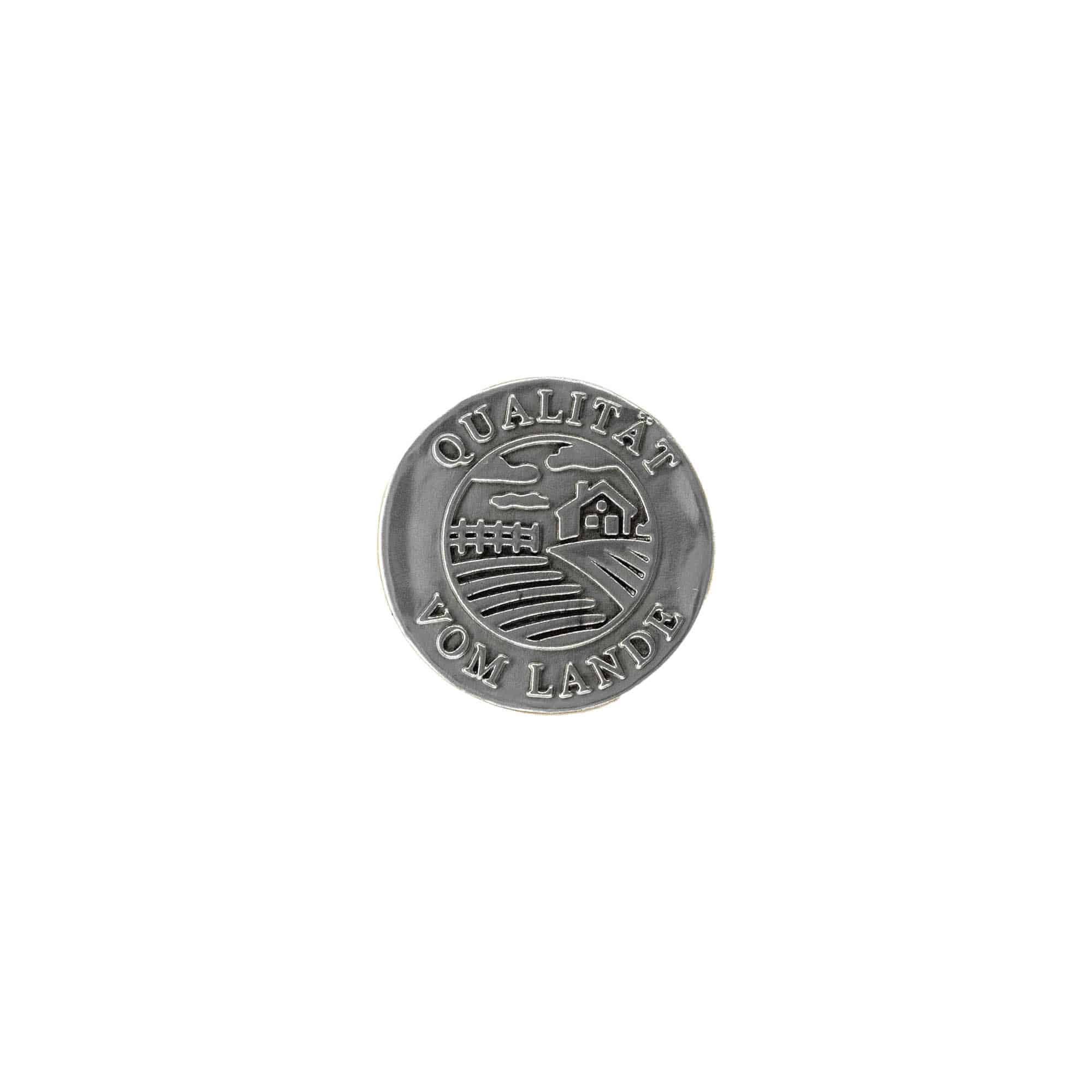 Etiqueta de estanho 'Qualidade', redonda, metal, prateado Etiqueta de estanho 'Qualidade', redonda, metal, prateado