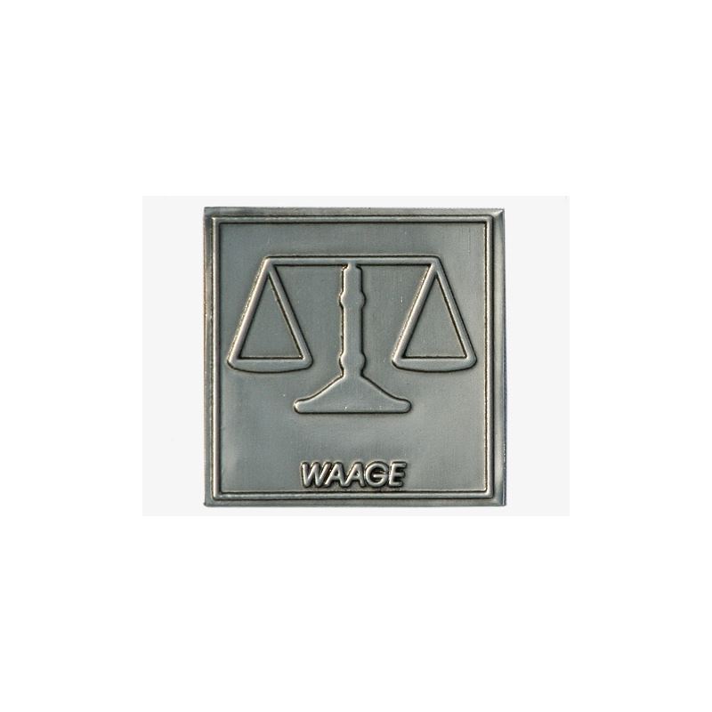 Etiqueta de estanho 'Balança', quadrada, metal, prateada Etiqueta de estanho 'Balança', quadrada, metal, prateada