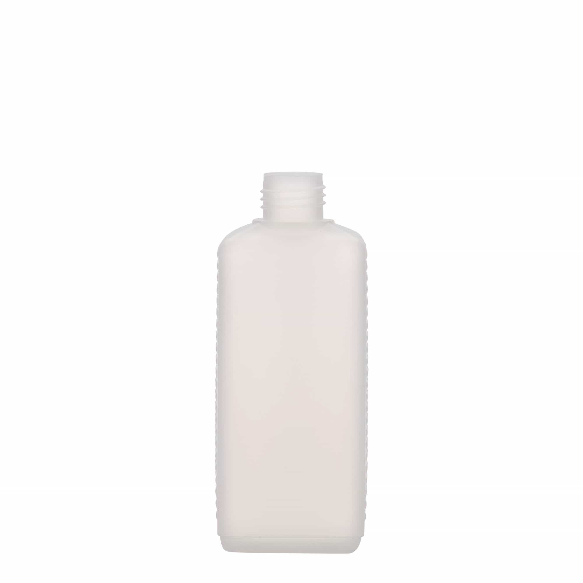 Frasco em bidão de 250 ml, retangular, plástico HDPE, natural, boca: DIN 25 EPE