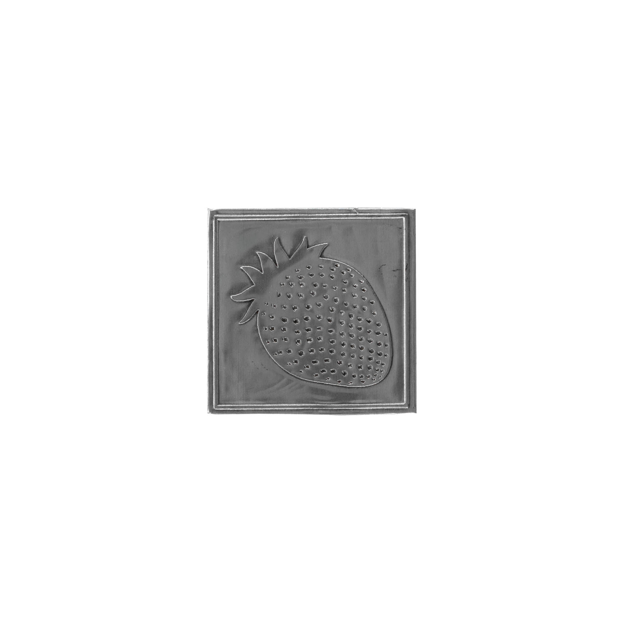 Etiqueta de estanho 'Morango', quadrada, metal, prata Etiqueta de estanho 'Morango', quadrada, metal, prata