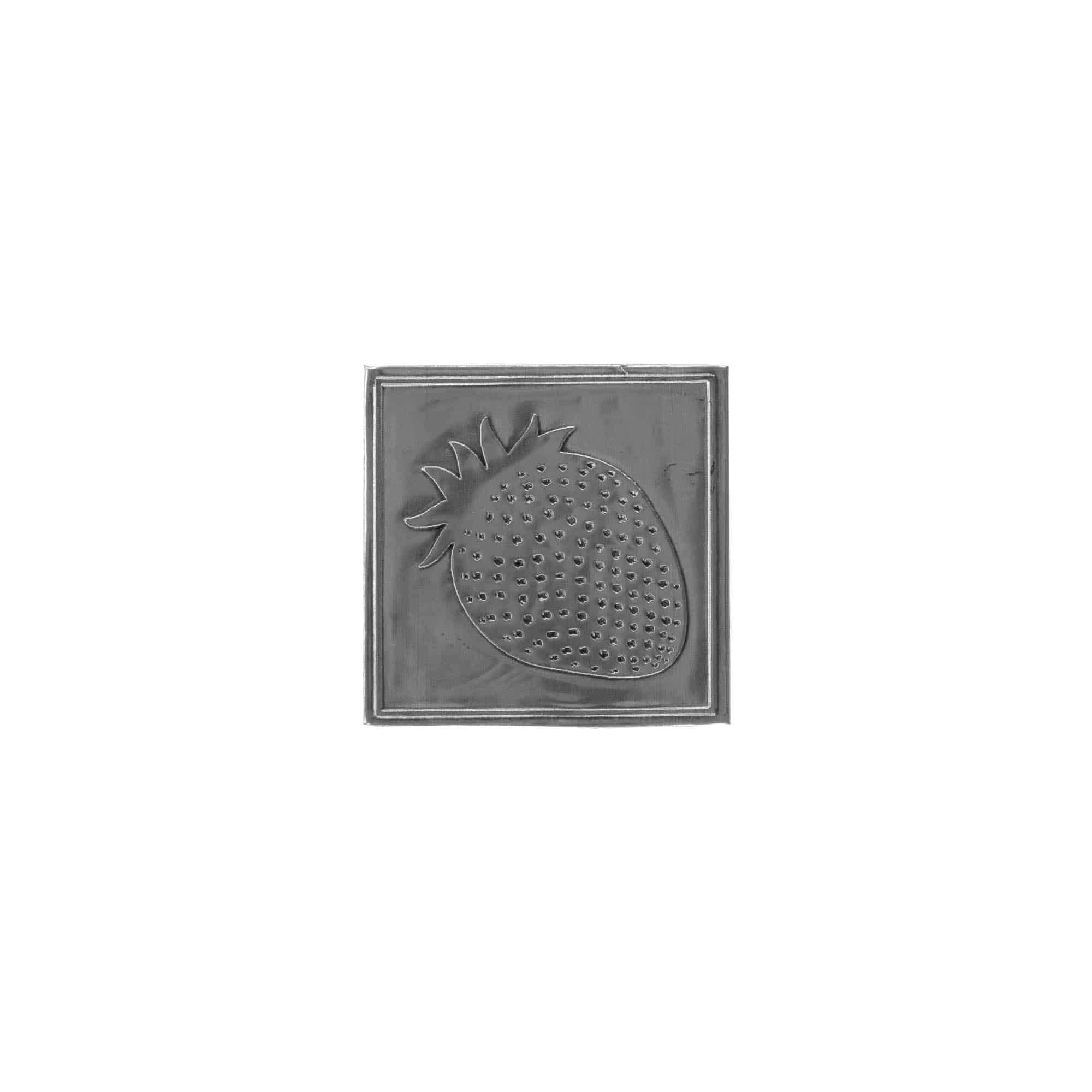 Etiqueta de estanho 'Morango', quadrada, metal, prata