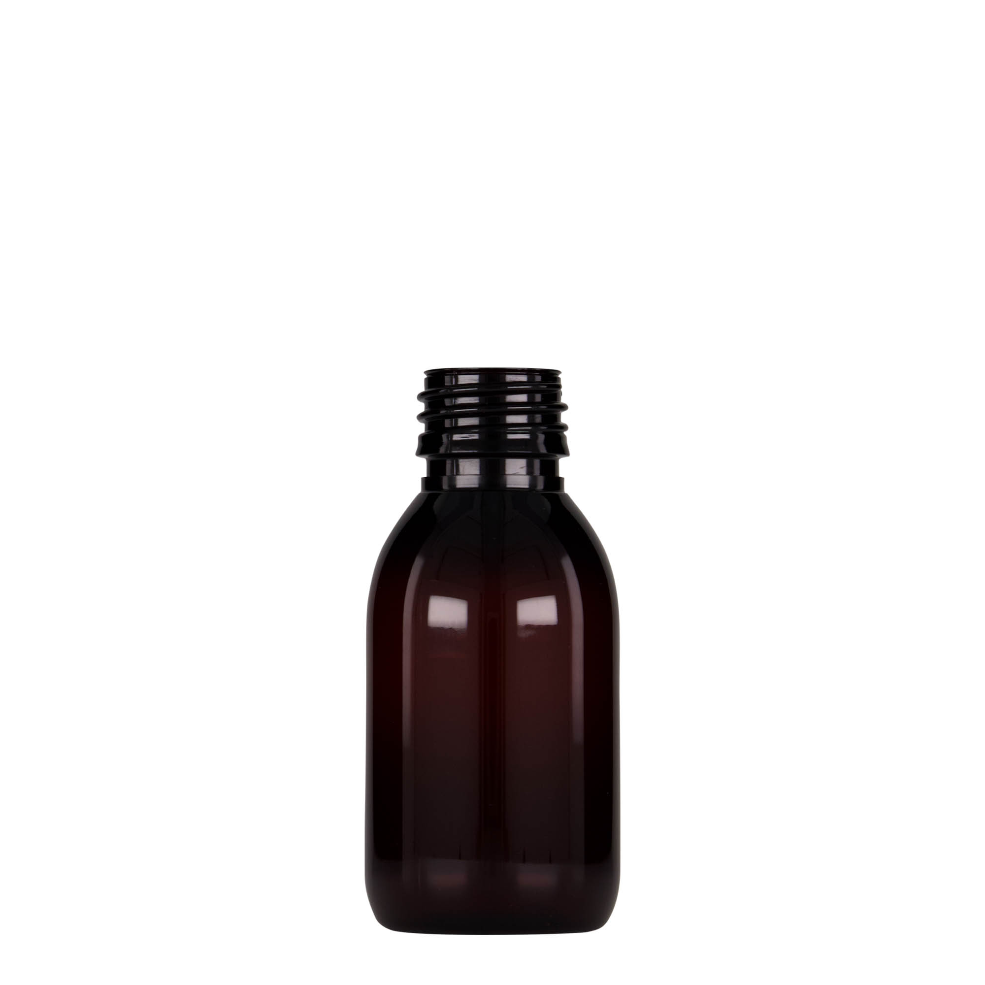 Frasco médico PET de 100 ml, castanho, plástico, boca: PP 28 Frasco médico PET de 100 ml, castanho, plástico, boca: PP 28