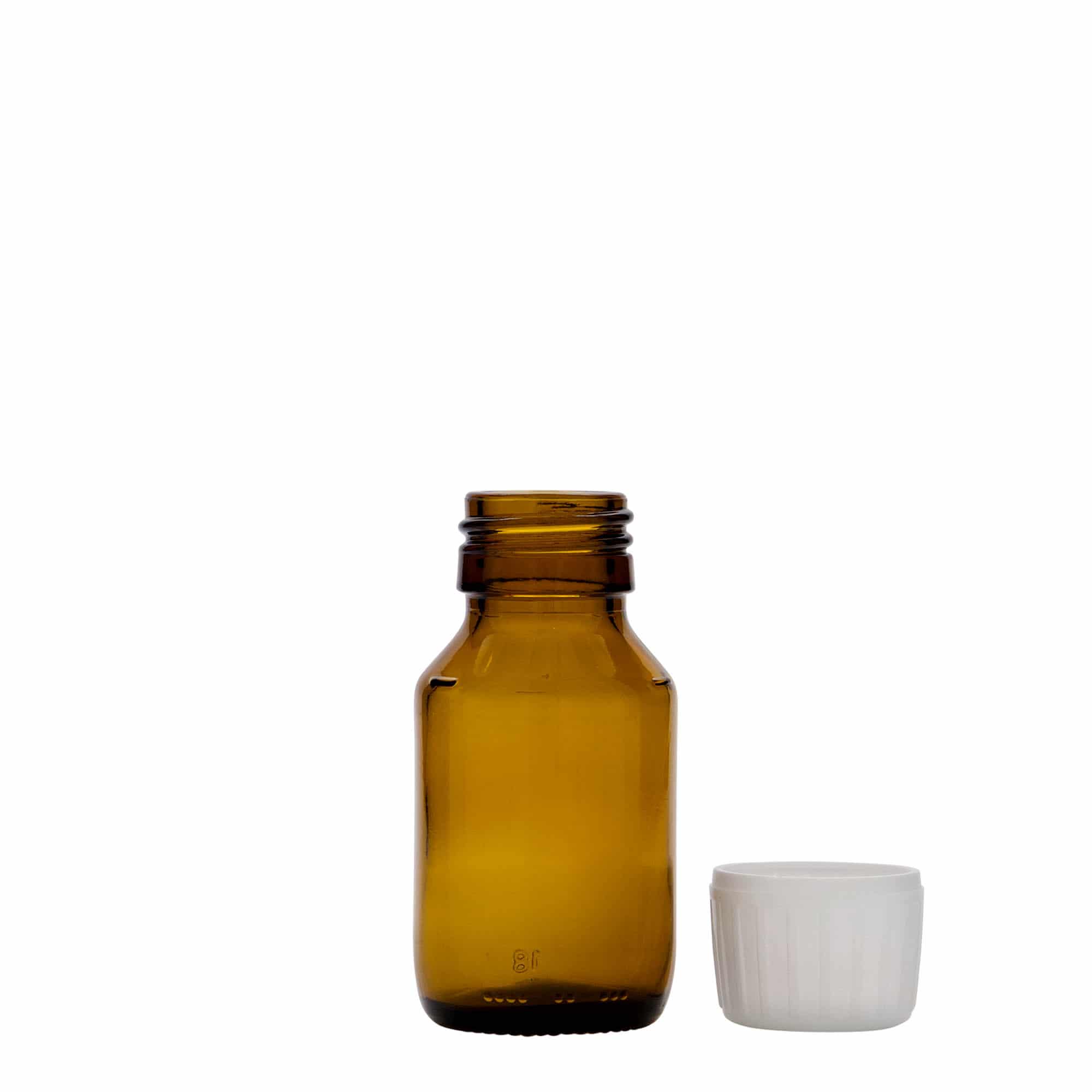 Frasco médico de 50 ml, castanho, vidro, boca: PP 28 Frasco médico de 50 ml, castanho, vidro, boca: PP 28