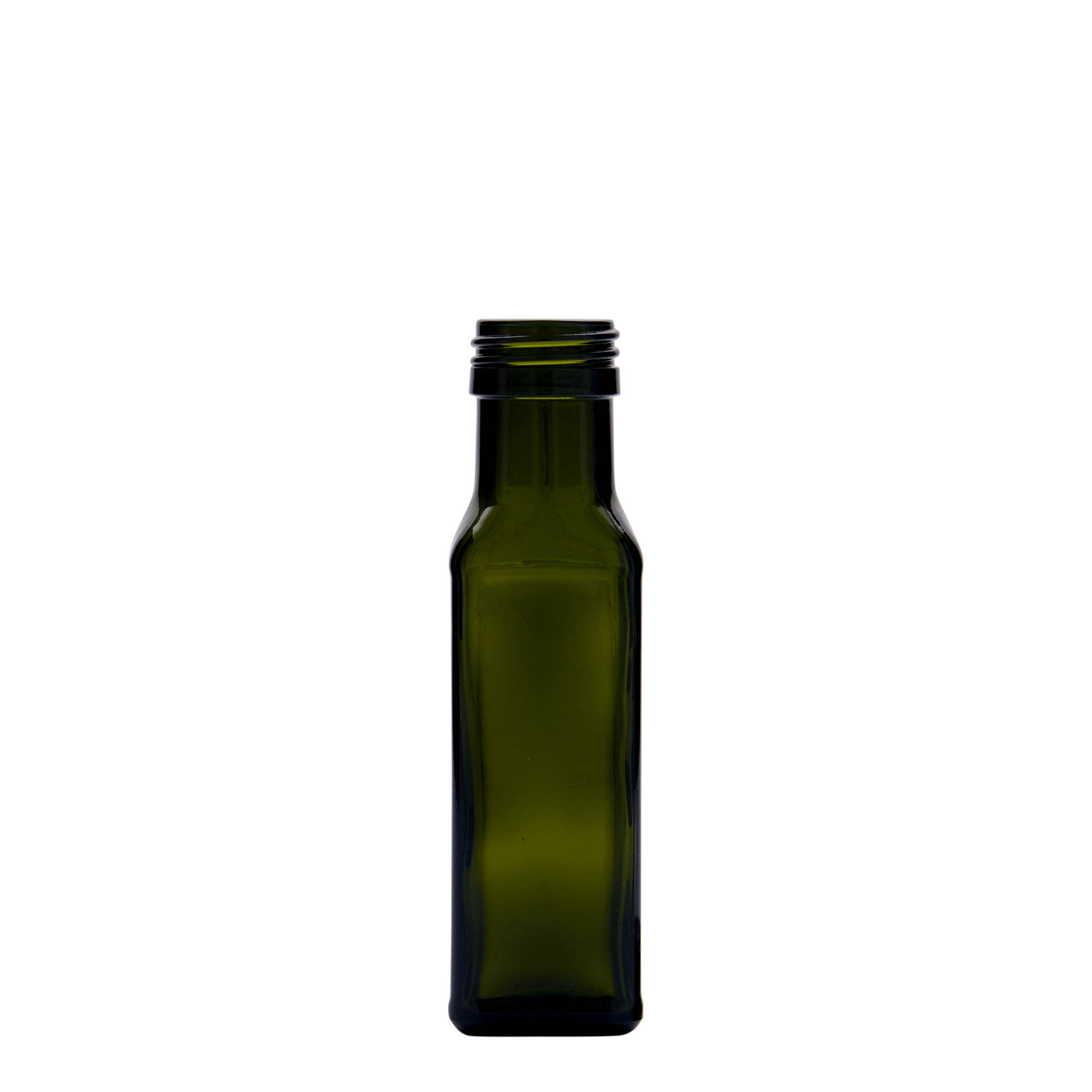 Frasco de vidro de 100 ml 'Marasca', quadrado, verde antigo, boca: PP 31,5 Frasco de vidro de 100 ml 'Marasca', quadrado, verde antigo, boca: PP 31,5