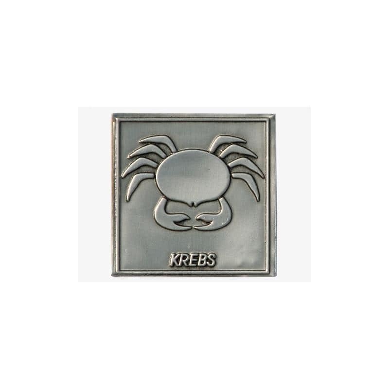 Etiqueta de estanho 'Caranguejo', quadrada, metal, prateado