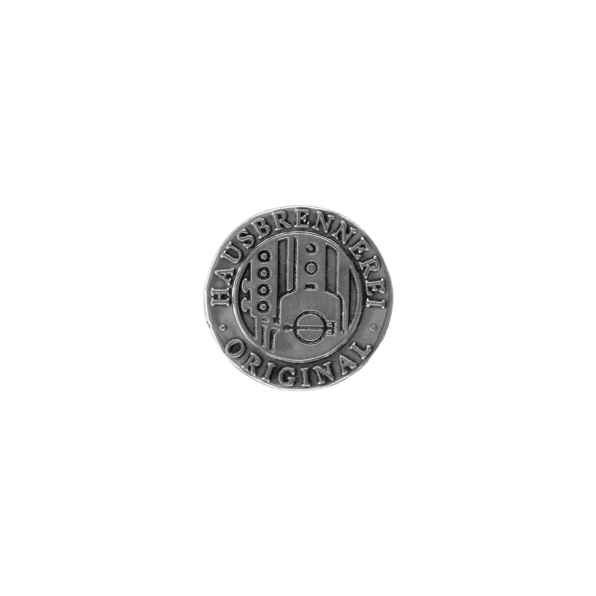 Etiqueta de estanho 'Destilaria caseira', redonda, metal, prateada