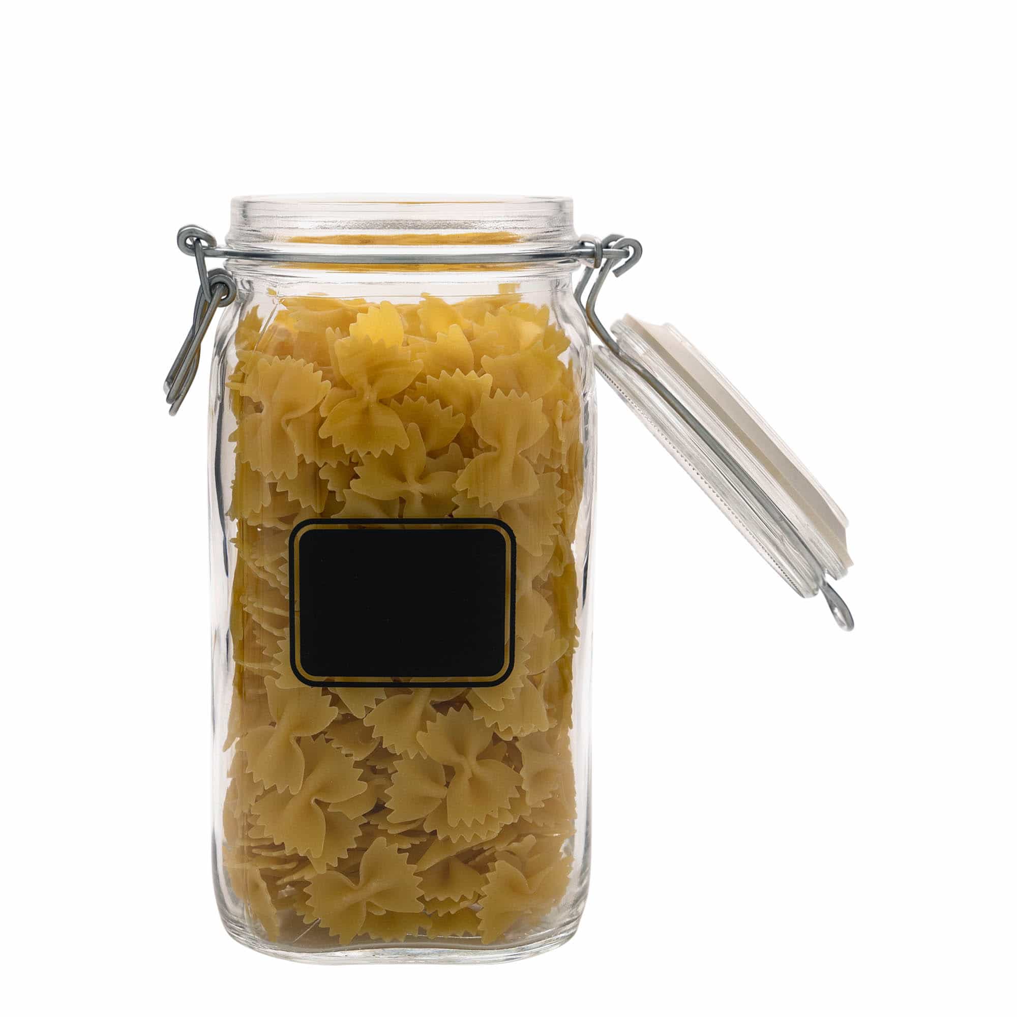1.500 ml frasco com fecho de alavanca 'Fido', motivo: campo para etiqueta, quadrado, abertura: fecho de alavanca