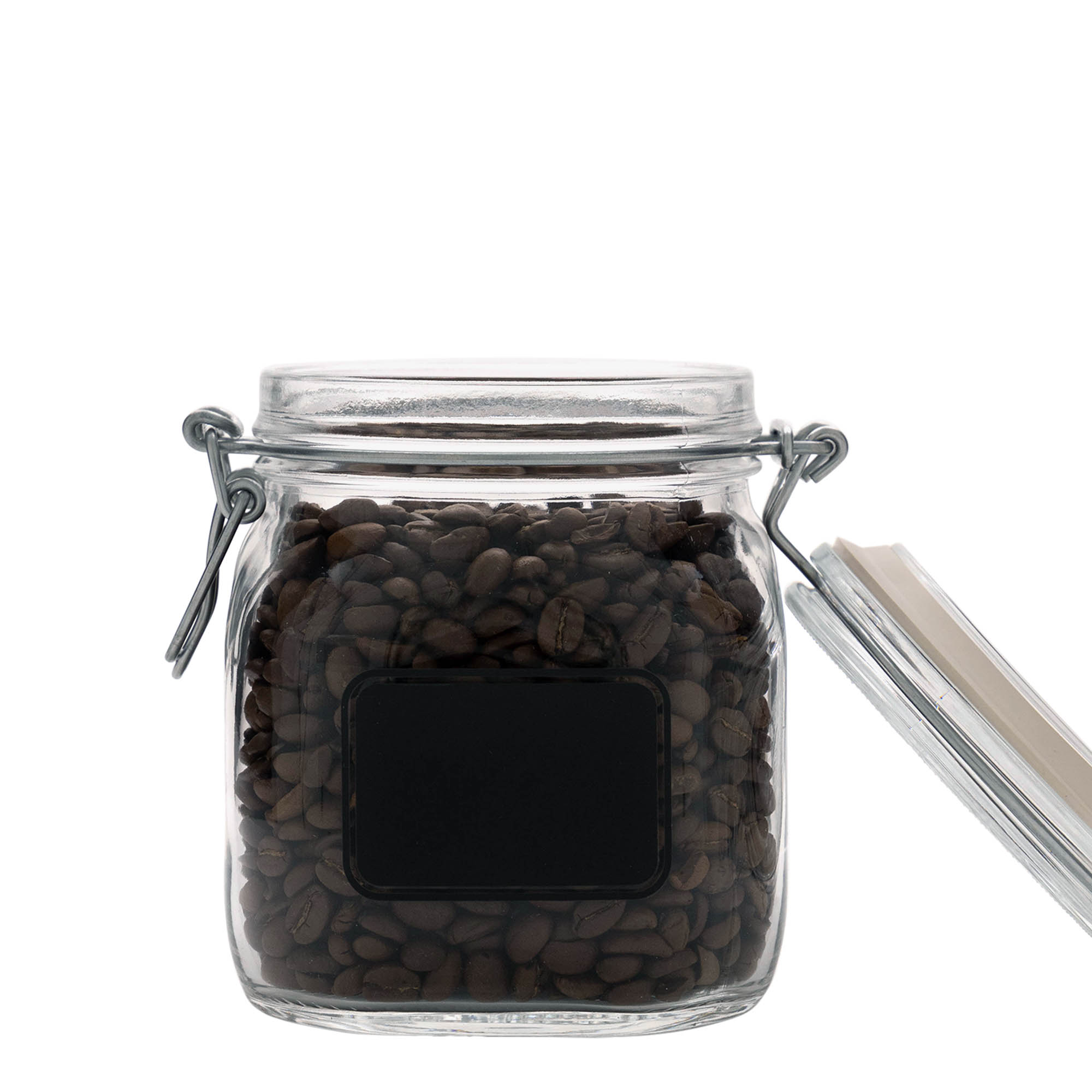 Frasco de vidro com tampa de arame de 750 ml 'Fido', motivo: campo para etiquetas, quadrado, abertura: fecho de arame Frasco de vidro com tampa de arame de 750 ml 'Fido', motivo: campo para etiquetas, quadrado, abertura: fecho de arame