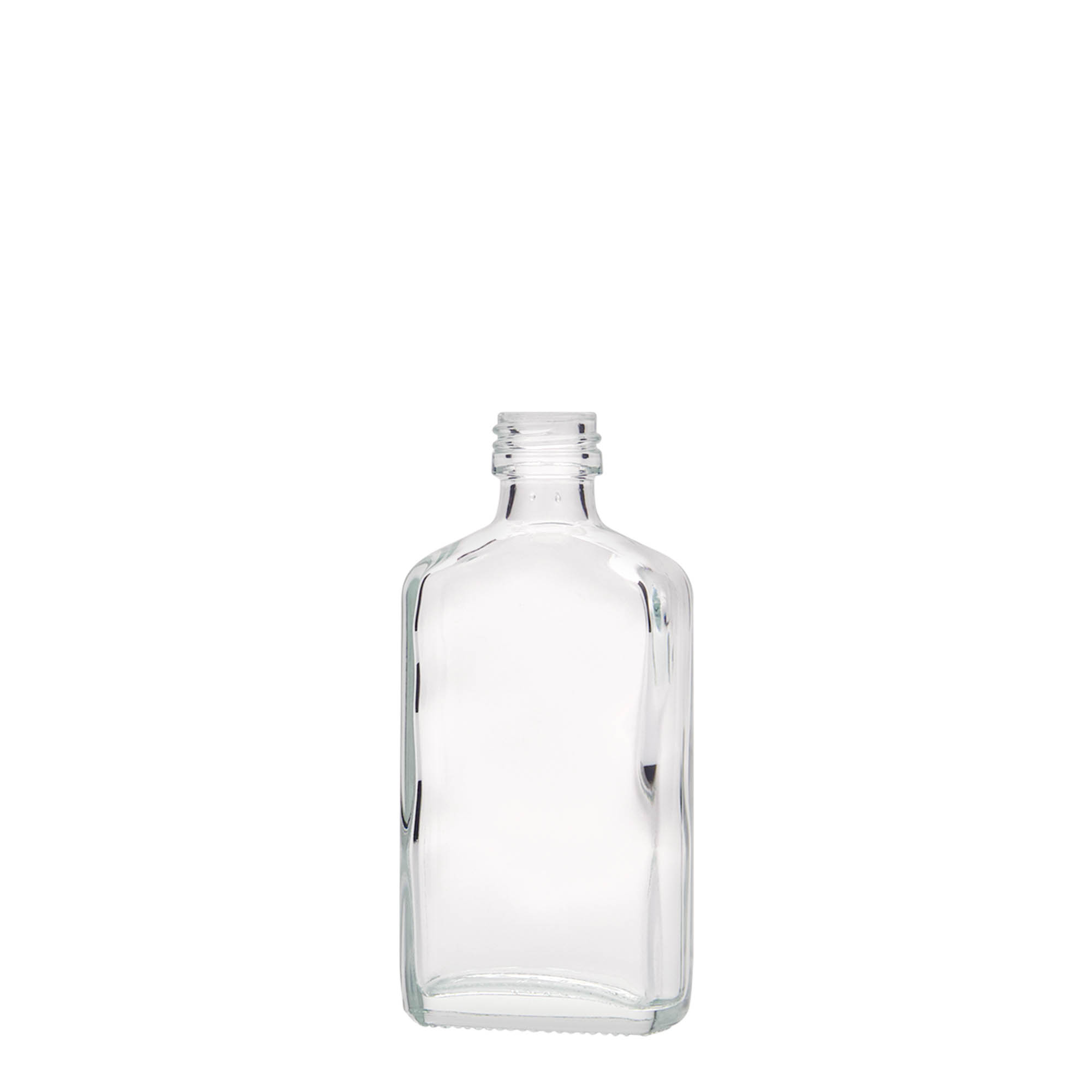 Frasco de bolso de 50 ml, retangular, vidro, bocal: PP 18 Frasco de bolso de 50 ml, retangular, vidro, bocal: PP 18
