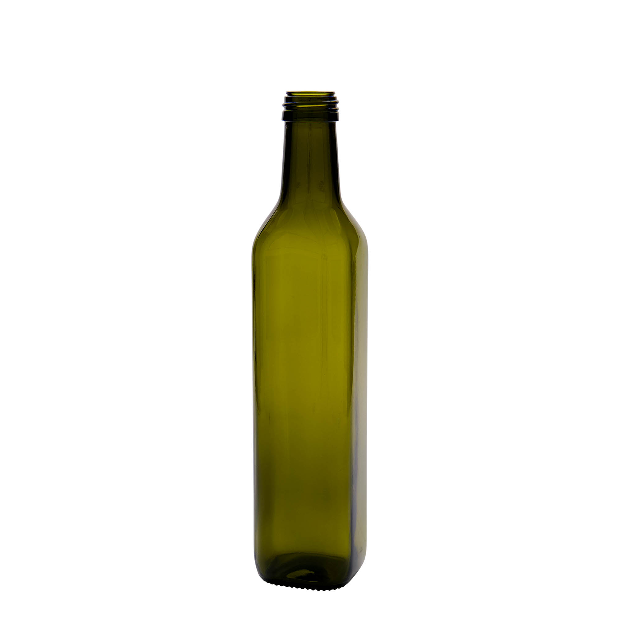 Garrafa de vidro 500 ml 'Marasca', quadrada, verde antigo, bocal: PP 31,5 Garrafa de vidro 500 ml 'Marasca', quadrada, verde antigo, bocal: PP 31,5