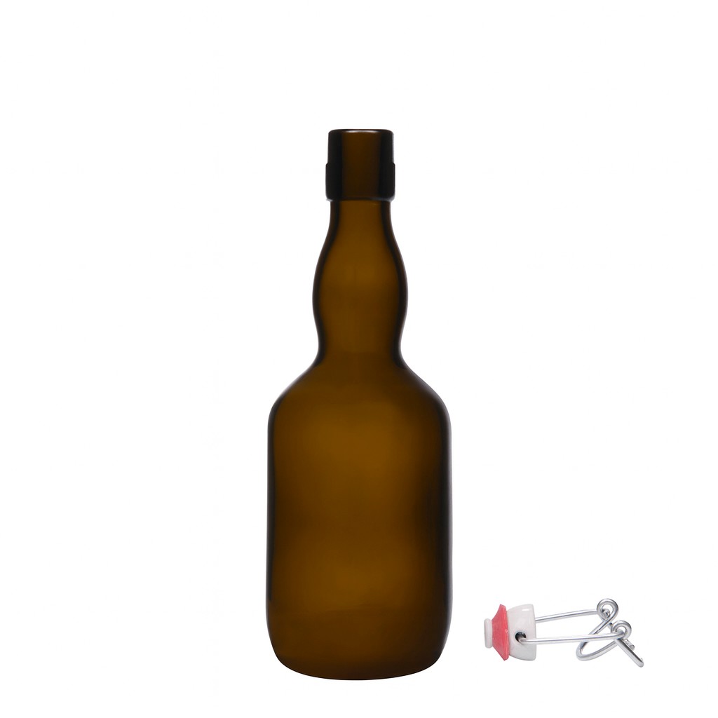 Garrafa de cerveja 500 ml com gargalo engolado, vidro, verde antigo, boca: fecho de mola Garrafa de cerveja 500 ml com gargalo engolado, vidro, verde antigo, boca: fecho de mola